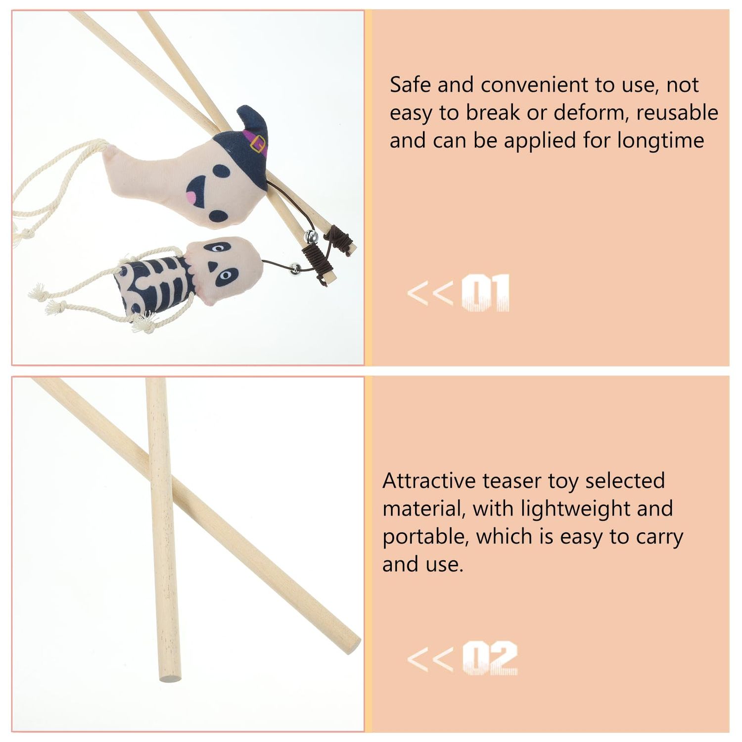 LUOZZY 2PCS Cat Tease Sticks Halloween Kitten Teasing Toys with Skull and Ghost Plush Cat Teaser Wands Interactive Cat Biting Plaything for Indoor Cat Kitten