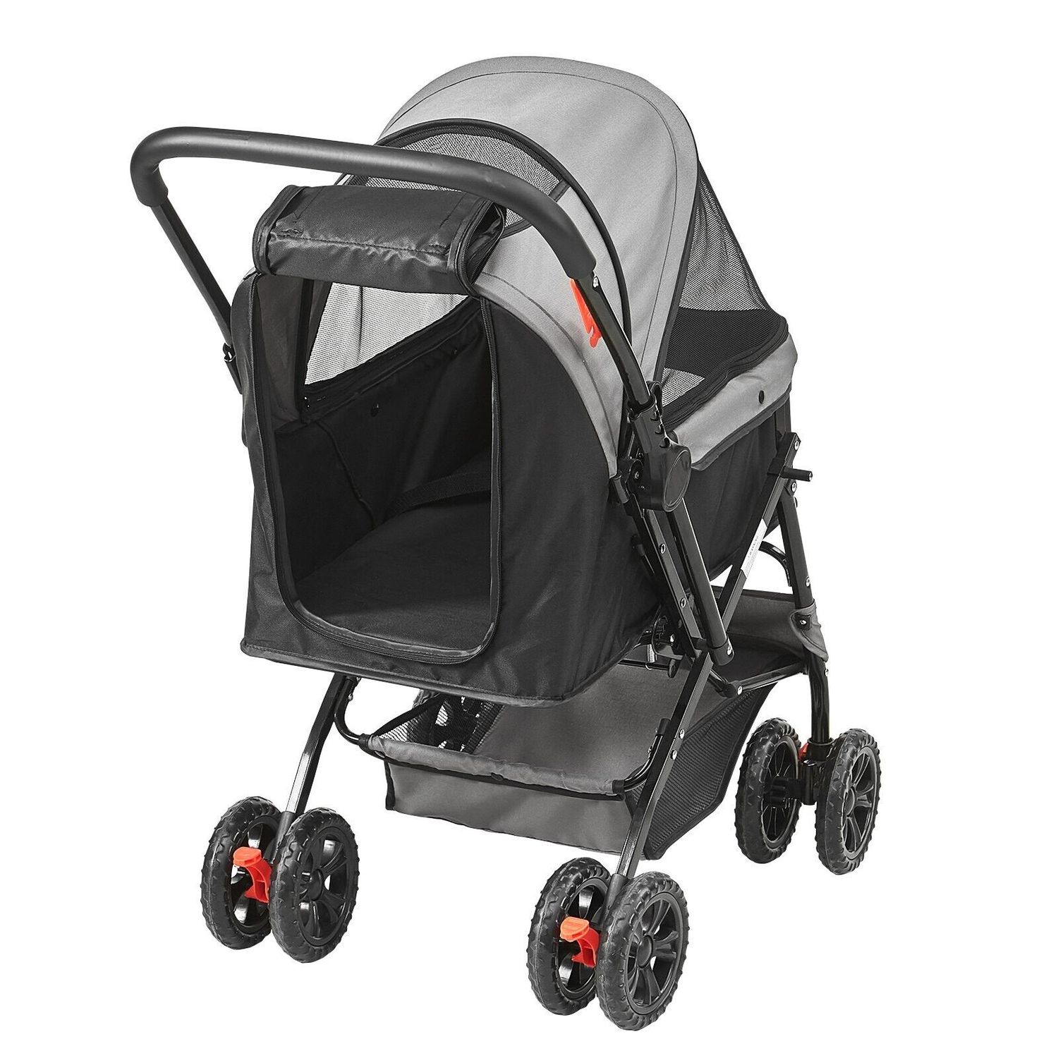 4-Wheel Pet Stroller 44lb Capacity Reversible Handle Storage Basket Travel Brake