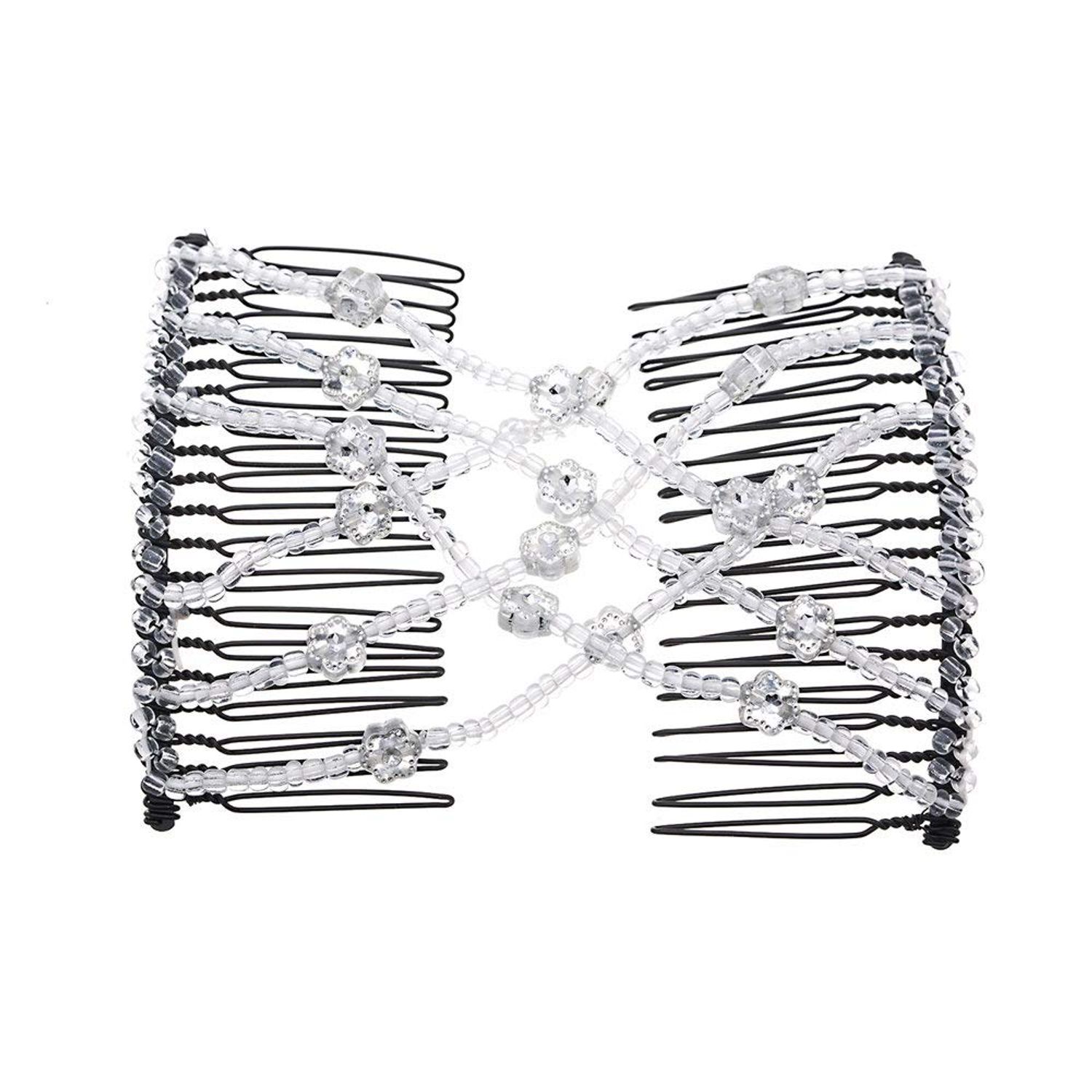 LOVEF 2Pcs Magic Hair Comb Clip for Women Girls Beaded Flower Barrette Hairpin Elastic Double Hair Combs Clips Hair Accessories