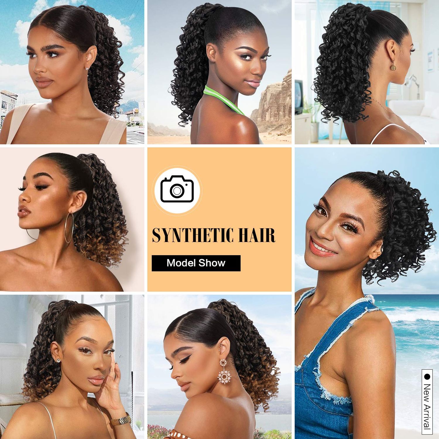 PEACOCO Drawstring Ponytail Extension for Black Women Synthetic Curly Drawstring Ponytail with 2 Clips on Ponytails Hair Extension (T1B/0906)