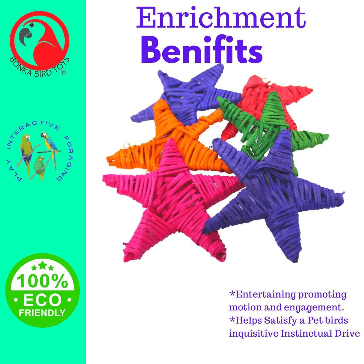Bonka Bird Toys 3324 Pk6 Medium Color Vine Star Foot Talon Craft Part Parrot Cage Toy, Conure, Ringneck, African Grey, and Similar Breed Sizes