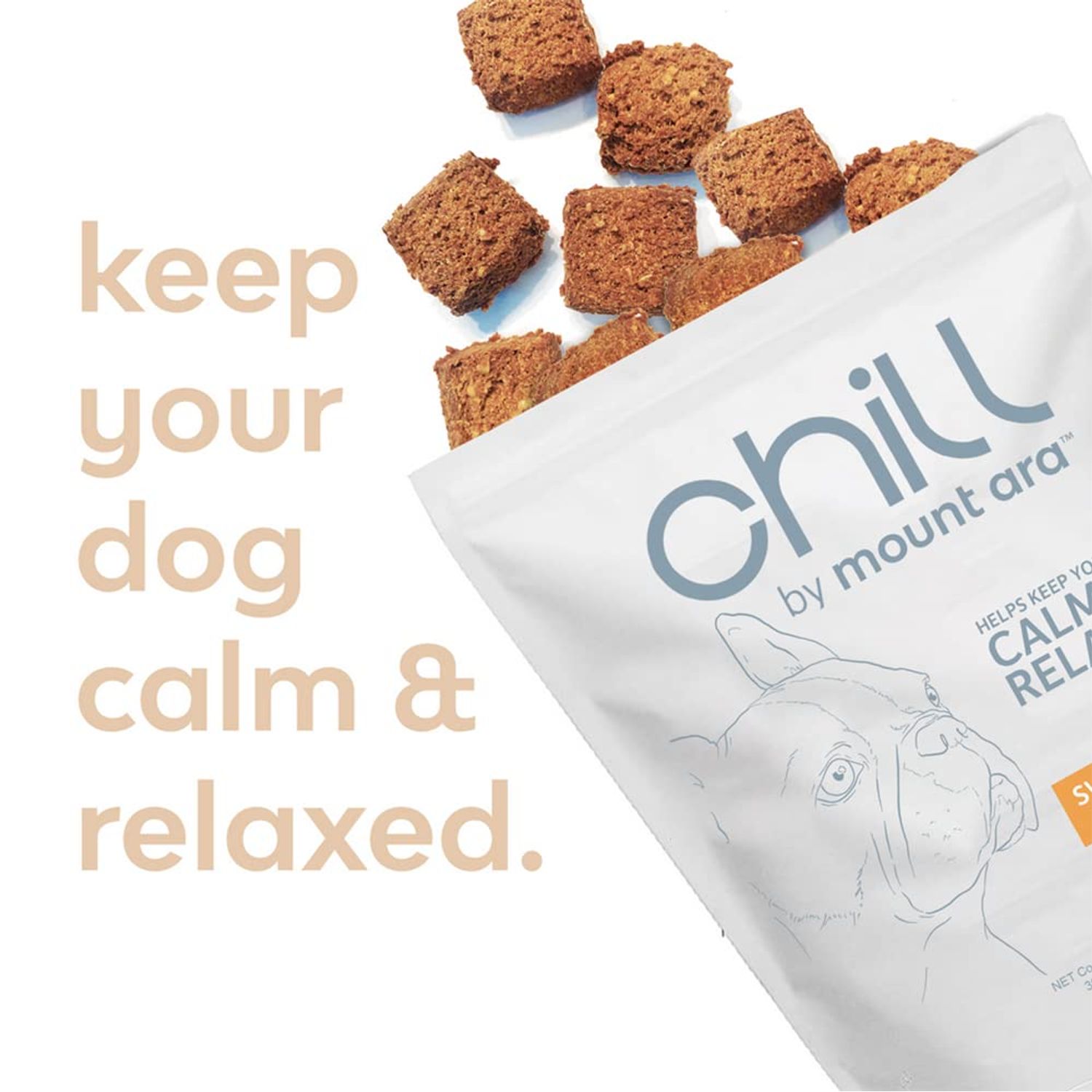chill by mount ara CHILL Bites Calming Dog Treats for Relaxation, Made with Sweet Potato, Valerian Root, & Melatonin for Dogs