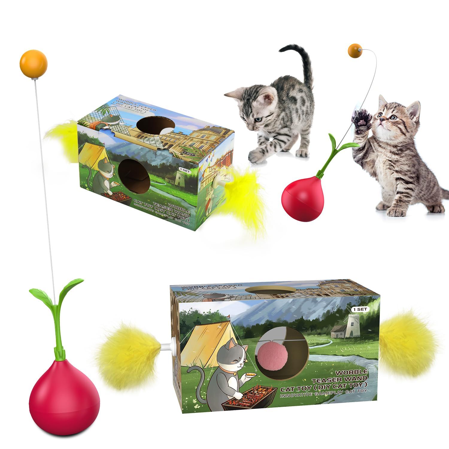 Abnaok 2-in-1 Cat Toy, Cat Interactive Toys for Indoor Cats Kitten Tumbler Balls Kitty Feather Toy, Cat-Digging Hole Toy Suitable as a Birthday Gift