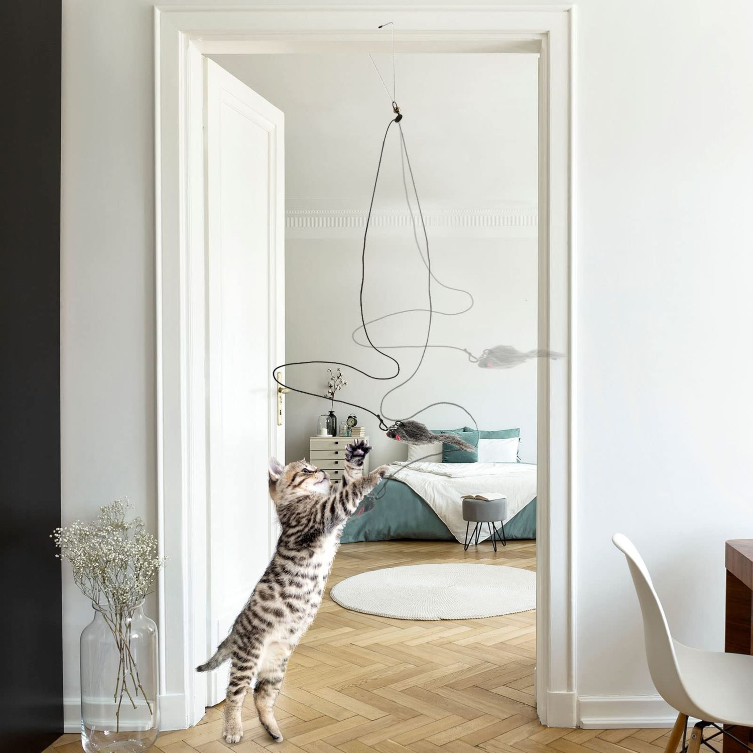 8 Pcs Doorway Cat Toys Indoor Feather Cat Toys Door Hanger Cat Toys Interactive Hanging Cat Toys Dragonfly Little Mouse Toys Retractable Cat Teaser Toys Kitten Toys for Play, 6 Styles (Cute Style)