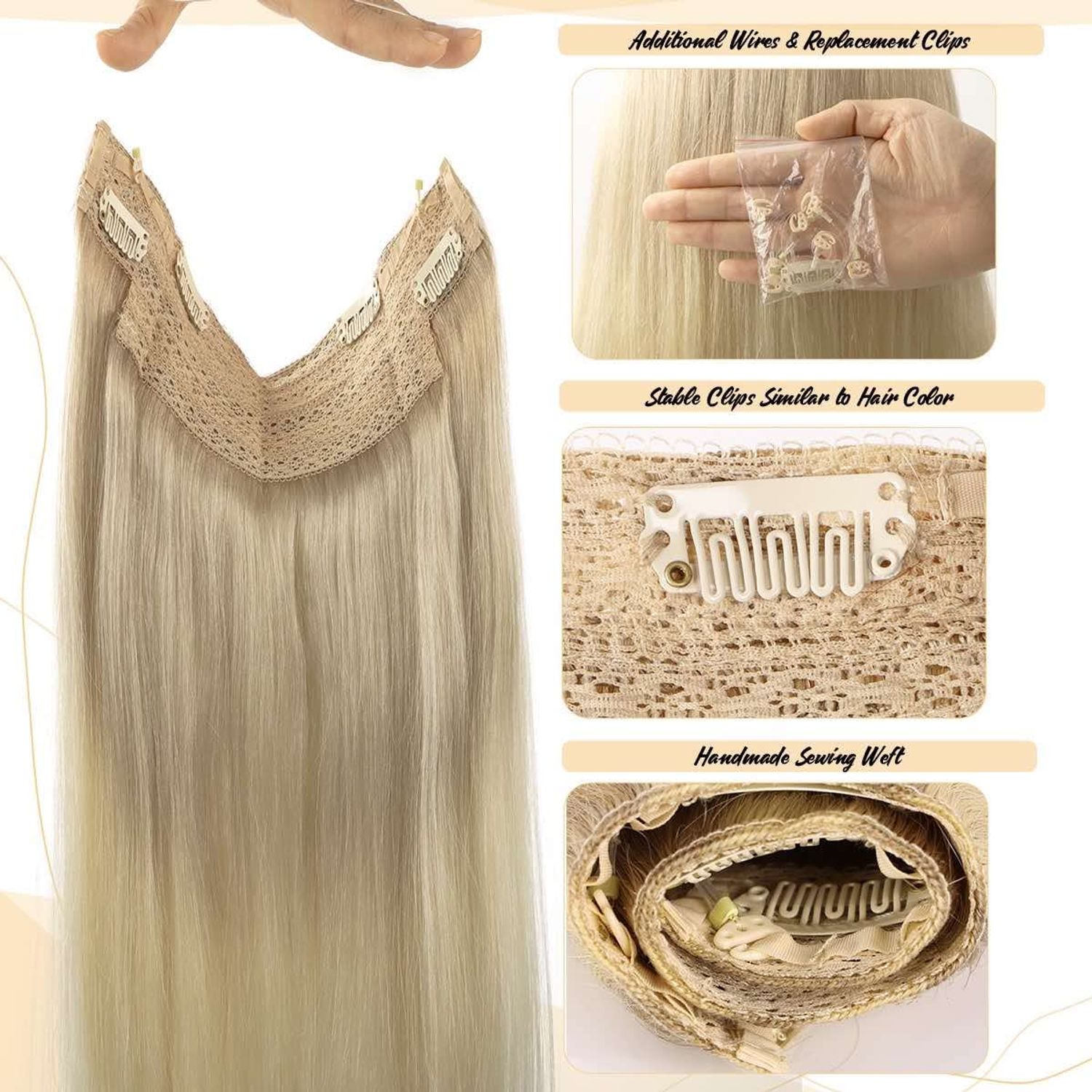 TIVBOES Wire Hair Extensions 18 inch 95g Ash Blonde to Golden Blonde and Platinum Blonde Straight Remy Hair Extensions with Invisible Fish Wire Hair Extensions Real Human Hair