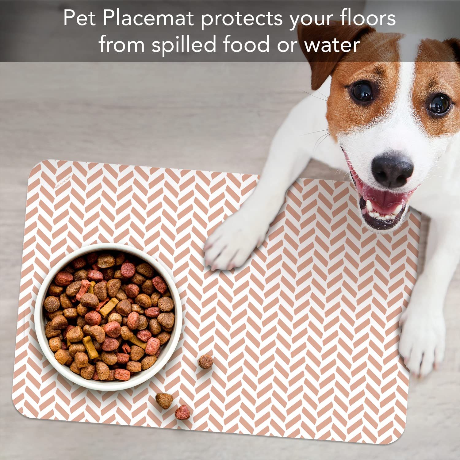 CounterArt Herringbone Easy Care Waterproof Pet Placemat 17.13” x 11.25” Made in The USA of BPA Free Plastic, Safe for Pets, Protects Floors from Cat & Dog Bowls