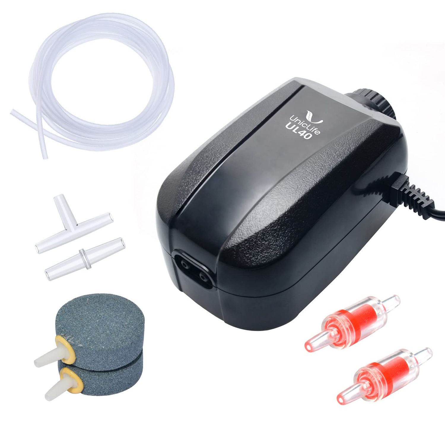 Uniclife 64 GPH Aquarium Air Pump with Dual Outlets Adjustable Quiet Fish Tank Air Pump with Air Stone Airline Tubing Check Valve and Connector Accessories for 10-100 Gallon Fish Tank