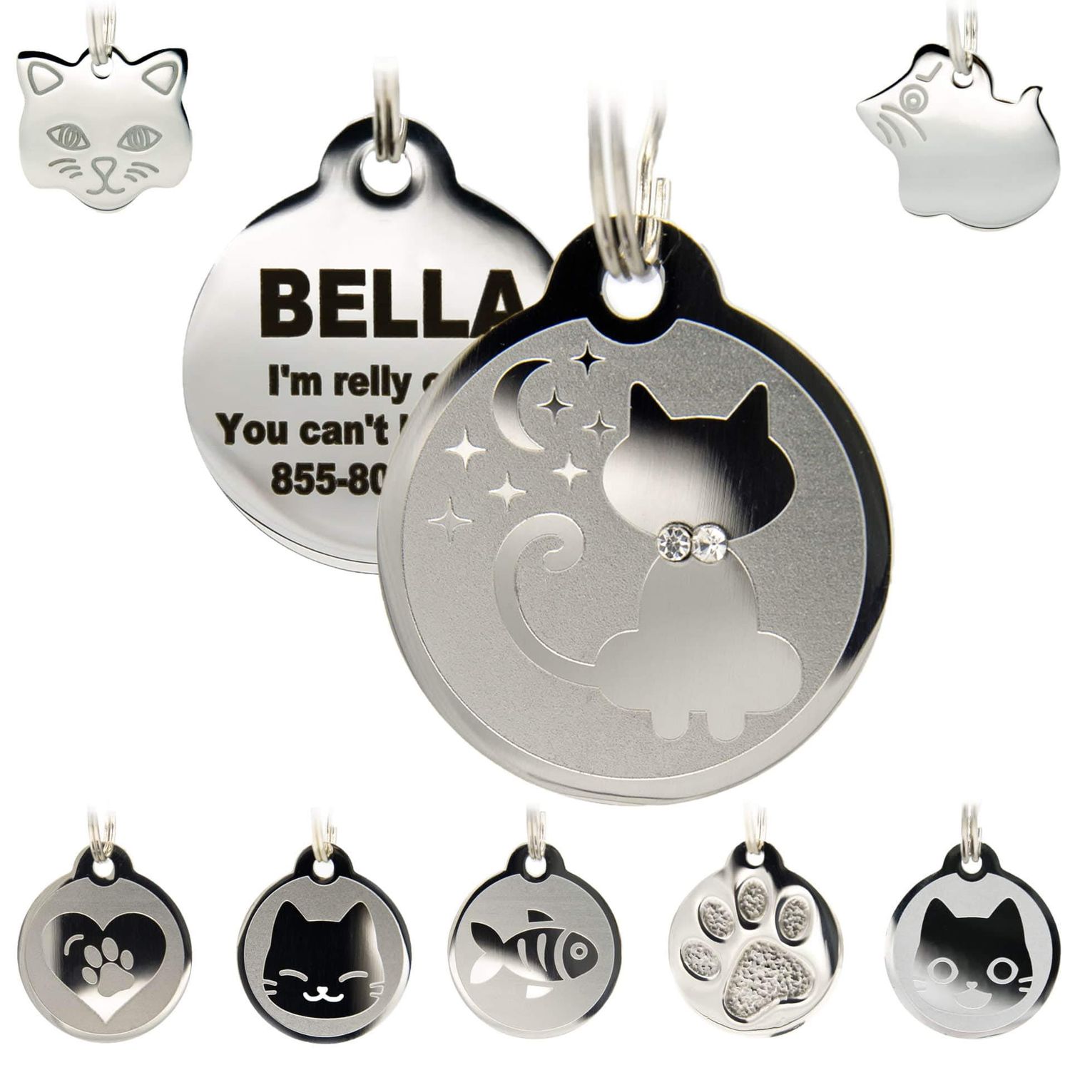 Stainless Steel Cat ID Tags - Engraved Personalized Cat Tags Includes up to 4 Lines of Text with Kitty Shape