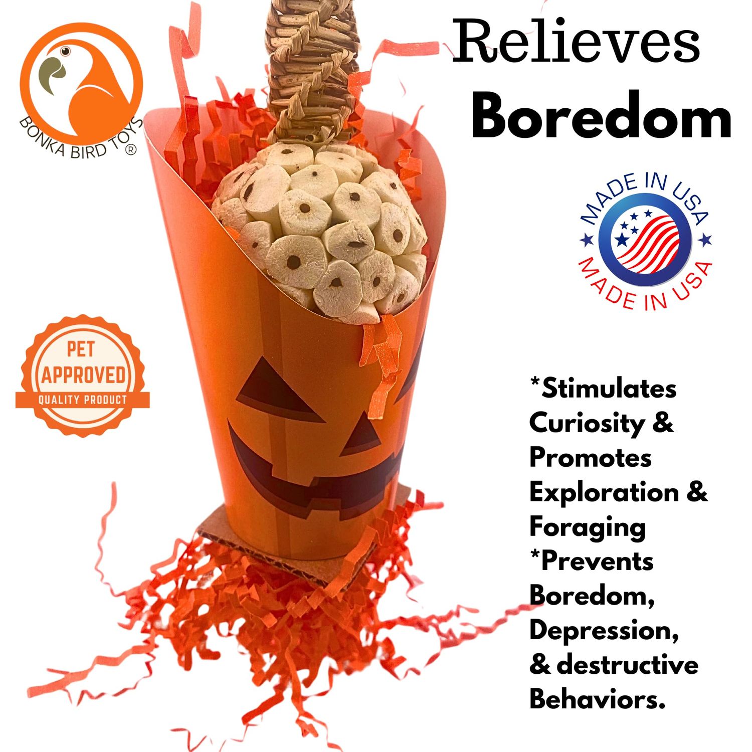 Bonka Bird Toys Halloween Ghoulish Treat Cups Sola Atta Chew Shred Parrot Cage Toy, Conure, Ringneck, Quaker, Cockatiel, and Similar Breed Sizes (2705 Pumpkin)