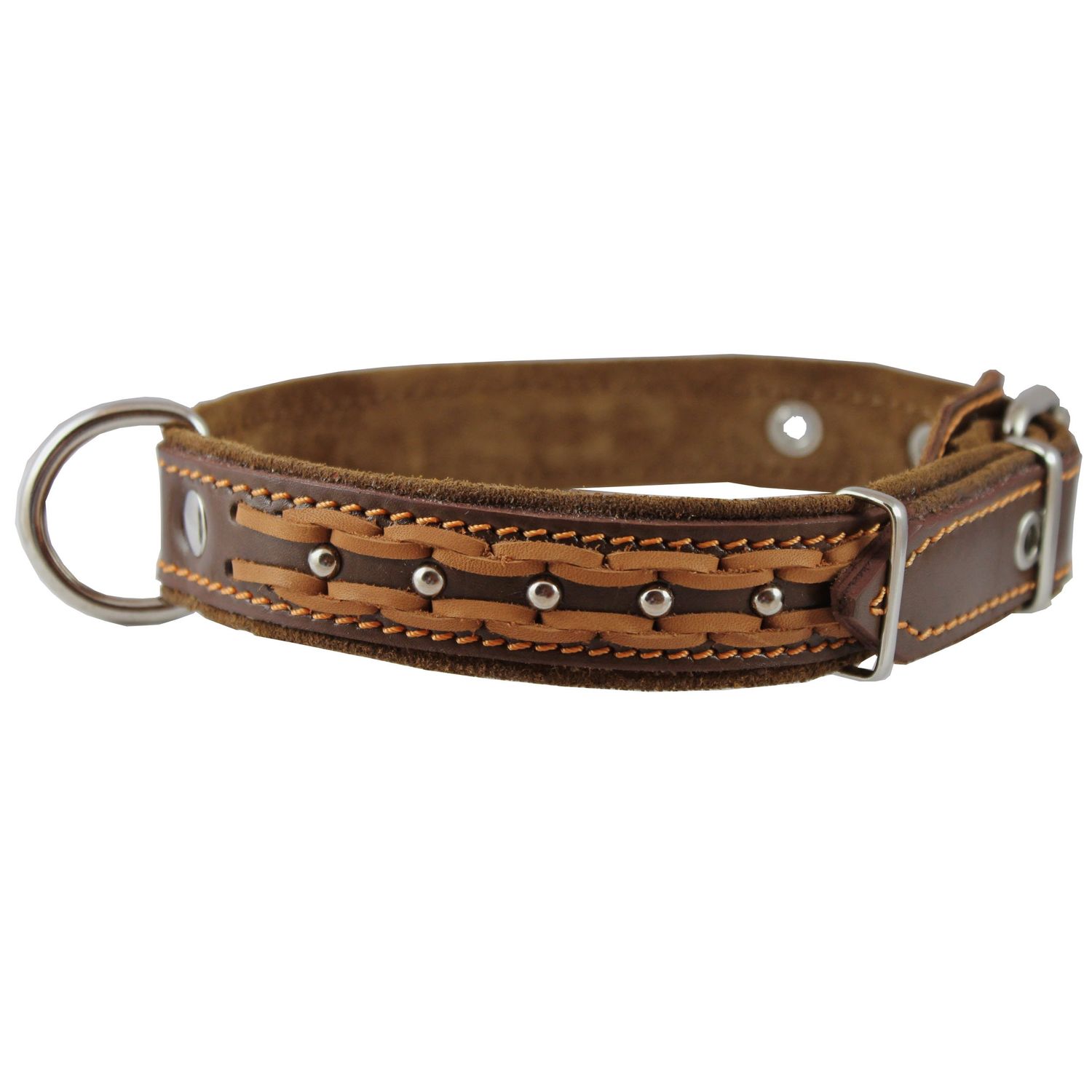 Genuine Leather Braided Studded Dog Collar, Brown 1.25" Wide. Fits 16"-20.5" Neck.