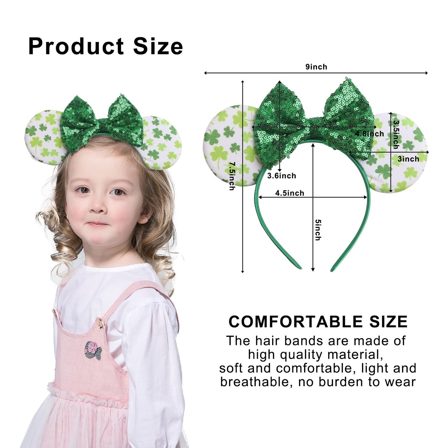 CIVFCRT Shamrock Headbands Green Lucky Clover Headbands St. Patrick's Day Mouse Ears Headbands Shiny Green Bows Hairbands for Girls Women Party Parades Clover Hair Decoration (Lucky Clover)