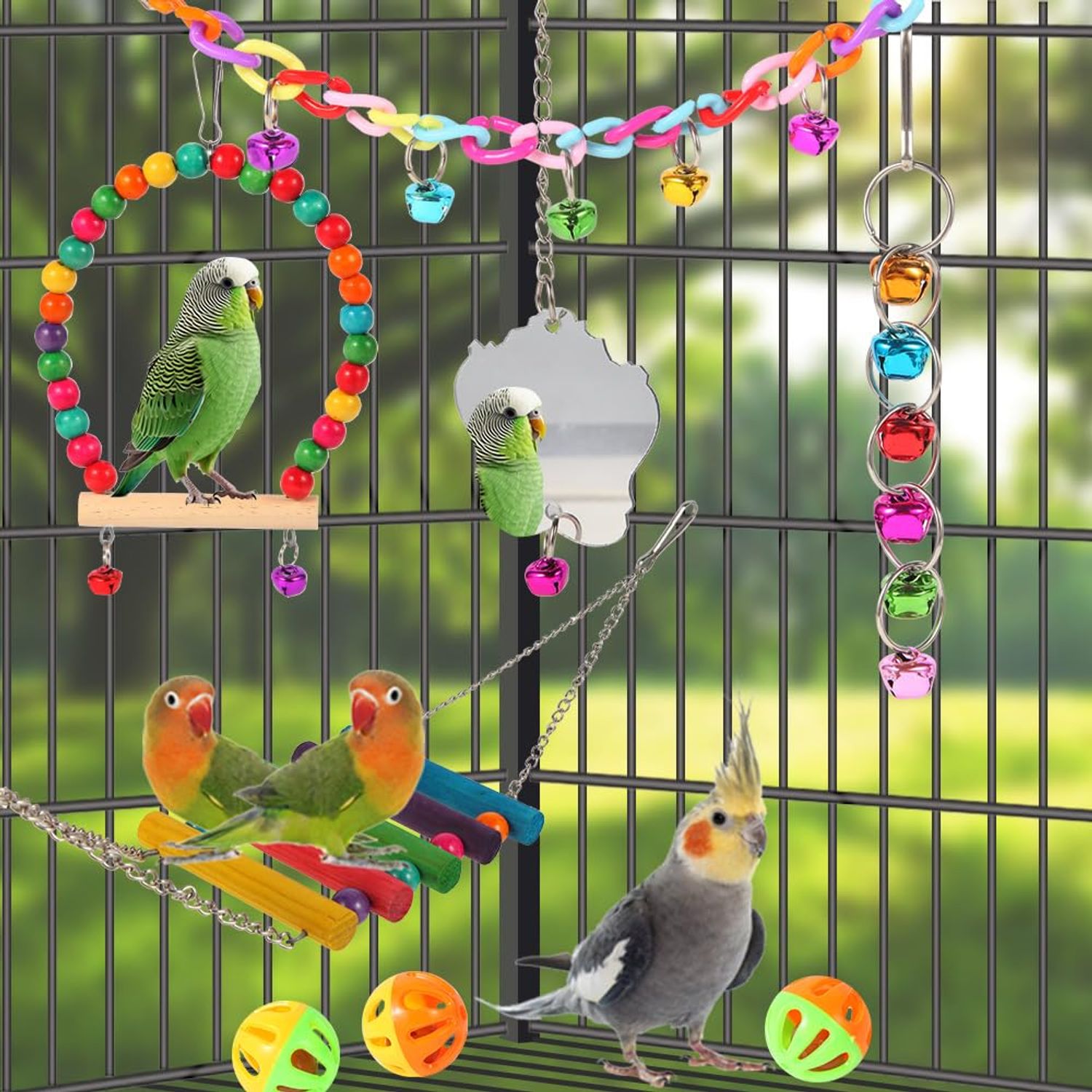 YIXUND Bird Toys for Parakeets 9Pcs,Bird Wooden Ladder Bridge Parrots Toys Budgie Toys Bird Cage Accessories,Swing Hammock for Conure,Cockatiel,Love Birds, Finches, Mynah,Budgerigar