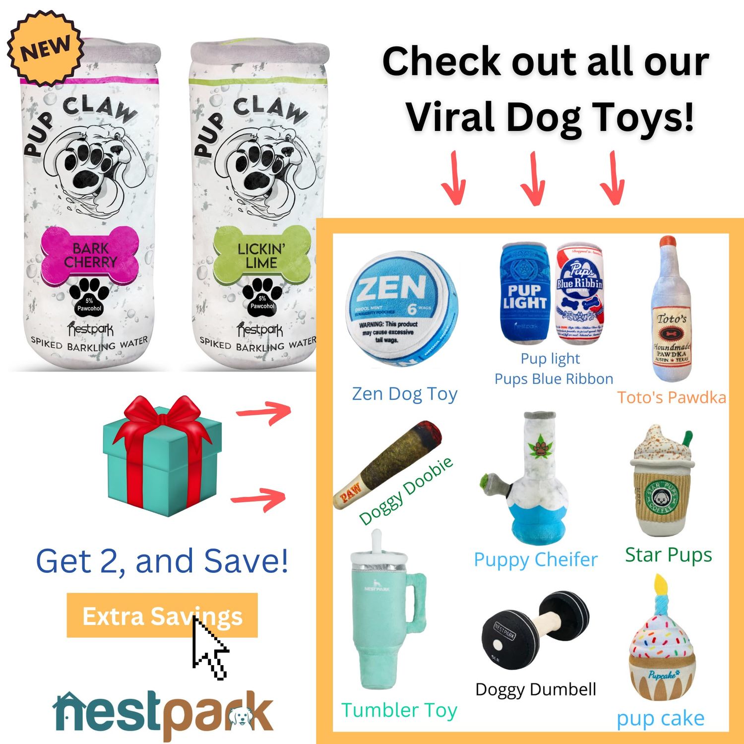 Nestpark Pup Claw Dog Toys - Funny Cute Plush Dog Toys with Squeaker - Parody (2 Pack) (Tropical Pack)