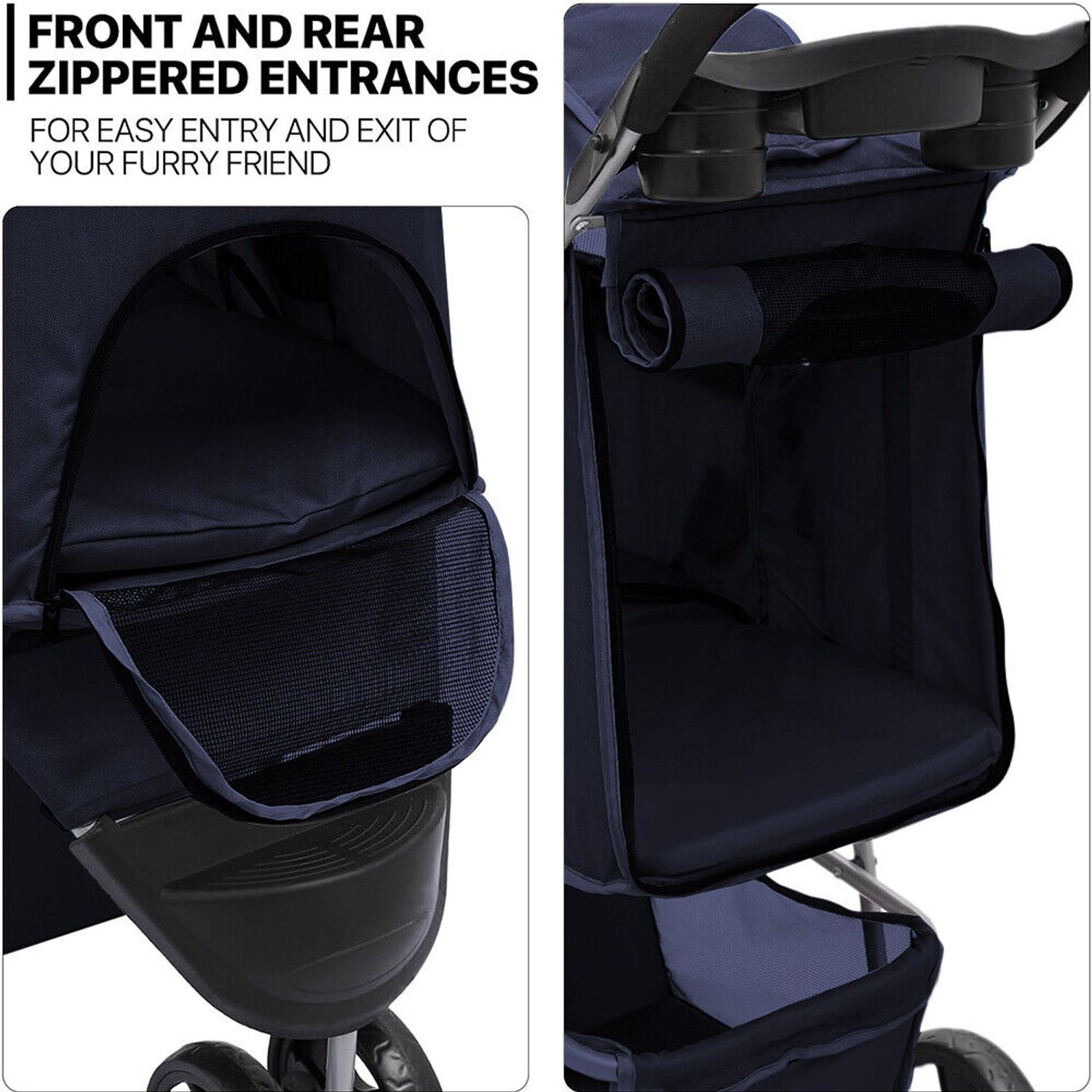 Foldable Pet Stroller fr Cats &Dogs 3 Wheels Carrier Cart w/Cup Holder Navy Blue