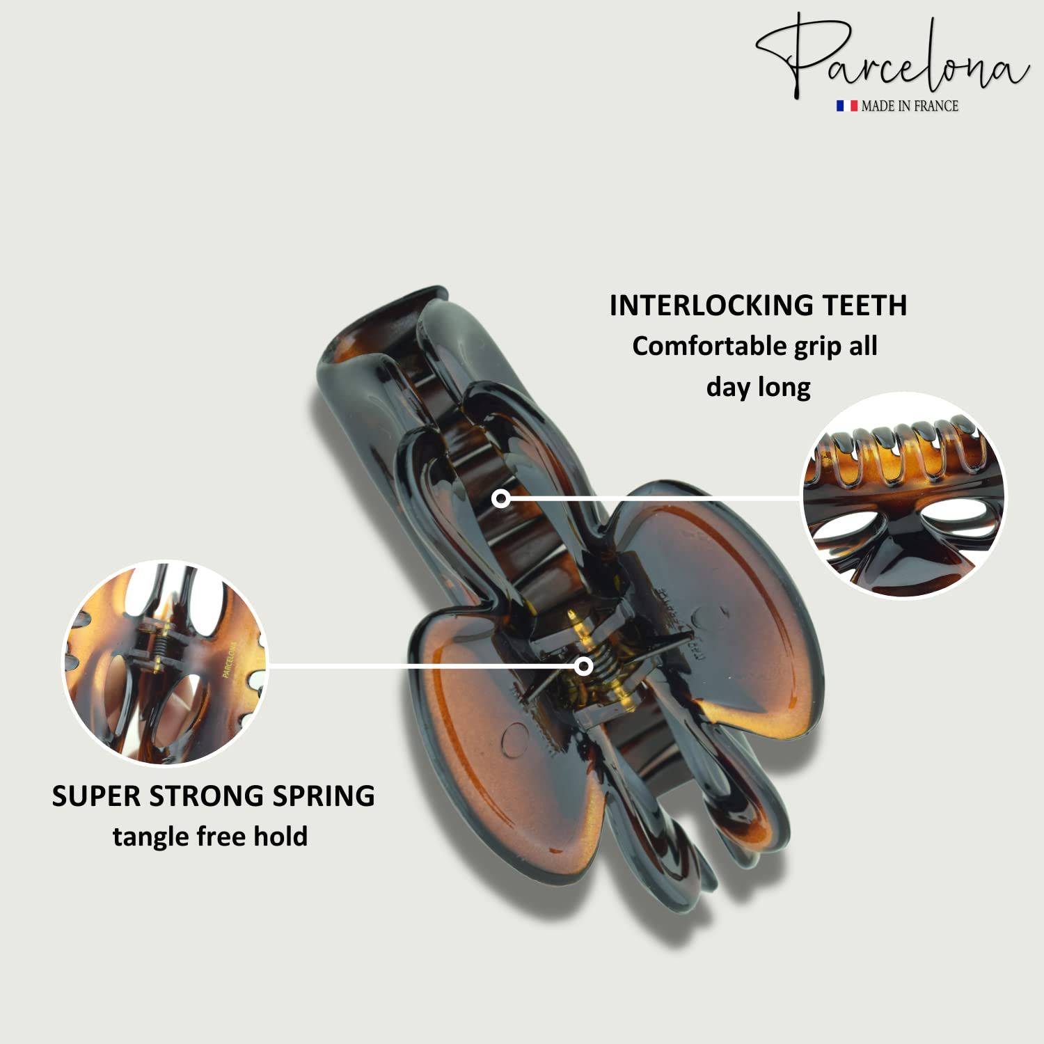 Parcelona French Chat Yeux 3 1/2" Shell and Black Celluloid Set of 2 Non Slip Hair Claw Clips for Women, Made in France