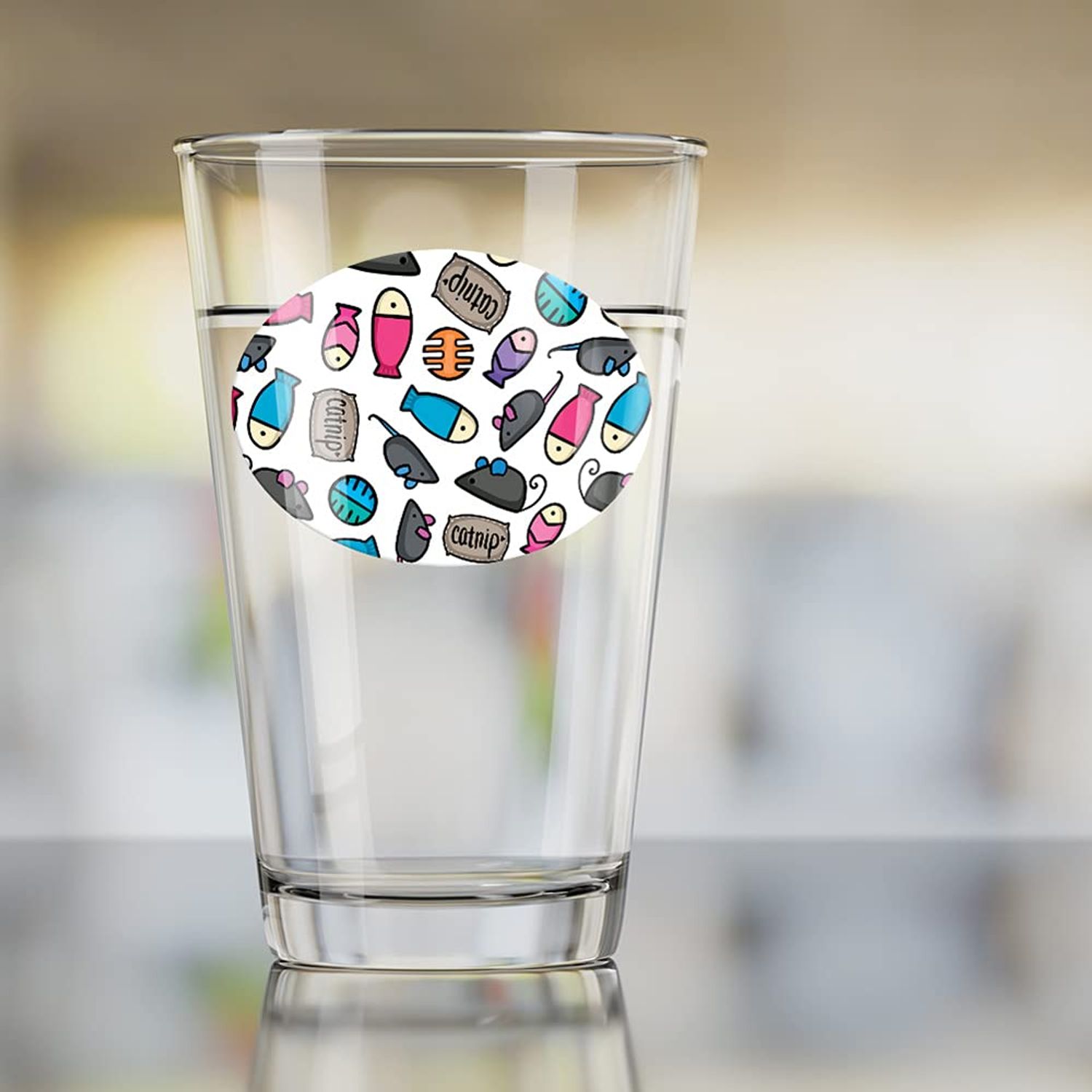 LOGOVISION Cat Toys Mouse Fish Catnip Pattern 16 oz Pint Glass, Tempered Glass, Printed Design & A Perfect Fan Gift | Great for Cold Beverages, Soda, Water