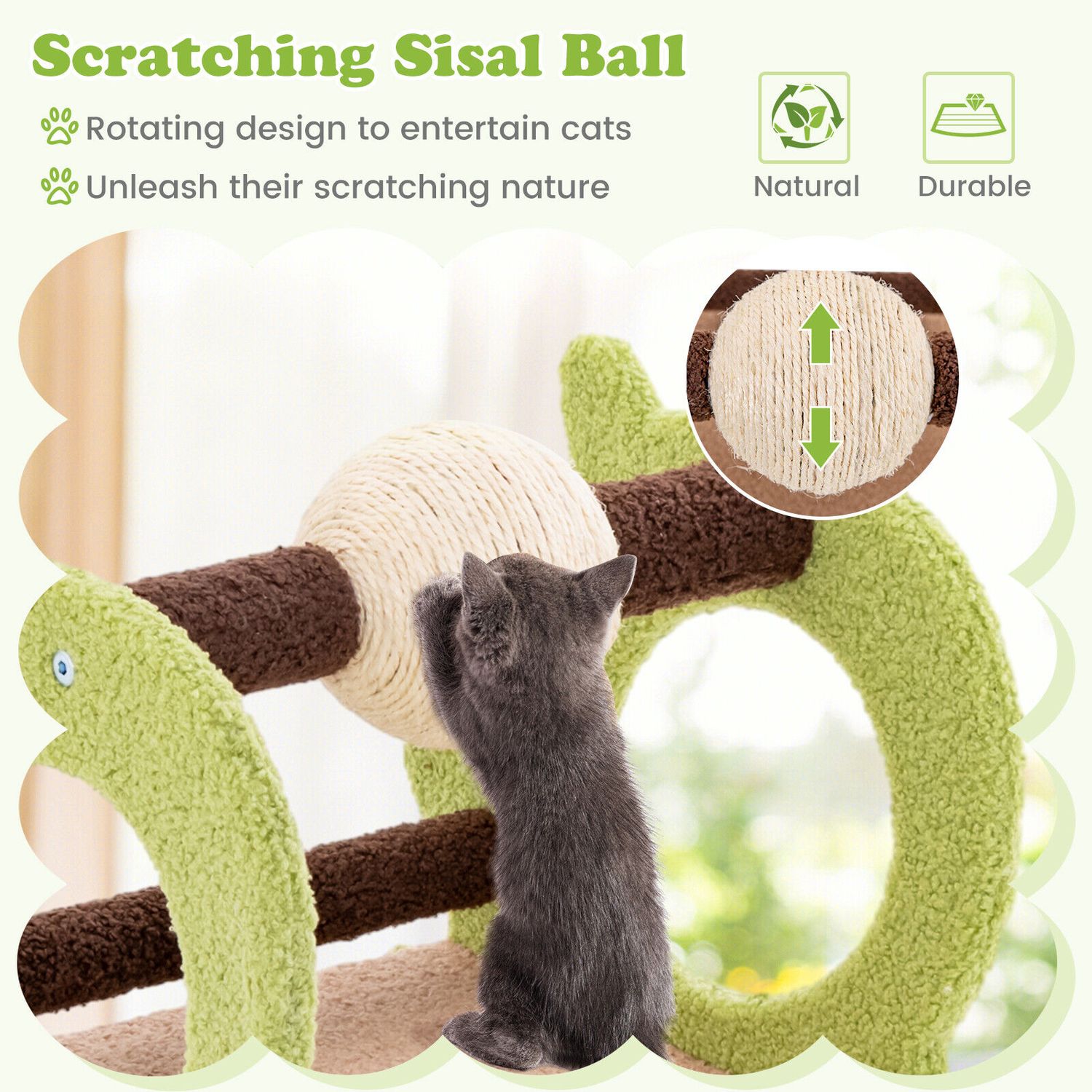 2-Tier Dinosaur Cat Tree Tower w/ Rotating Scratching Sisal Ball Climbing Rods