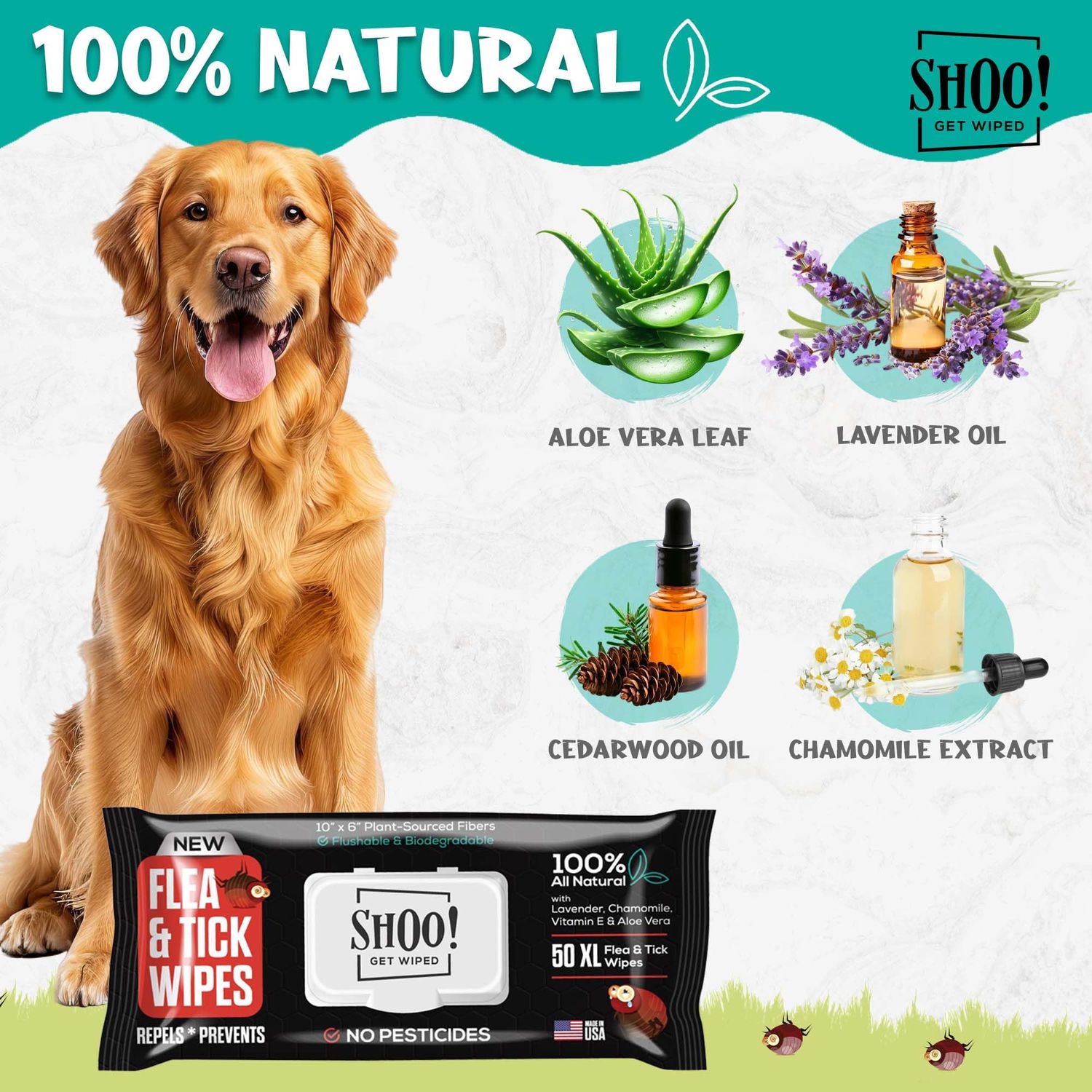 Shoo! Flea & Tick Wipes | Convenient, Easy On-The-Go Protection | Plant Based, Natural Oils, Chemical Free | Repels & Prevents | 50 XL Wipes (2 Pack) | Original -Lavender