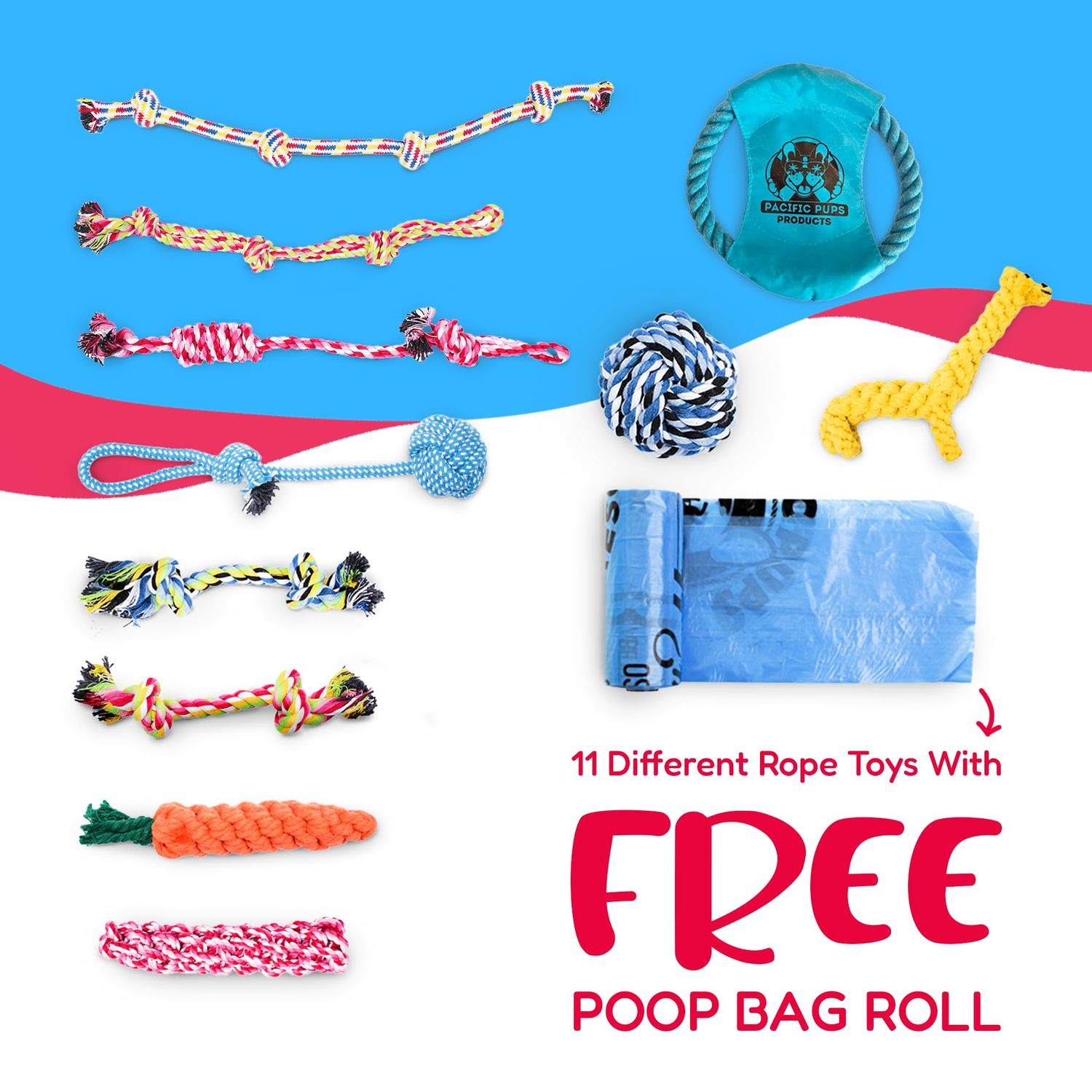 Pacific Pups Products Dog Rope Toys - Dog Rope Dog Toys for Aggressive Chewers, 11 Heavy Duty Dog Ropes for Aggressive Chewers, Cotton Rope Dog Toys Pack, Benefits Non-Profit Dog Rescue Dog Tug Ropes