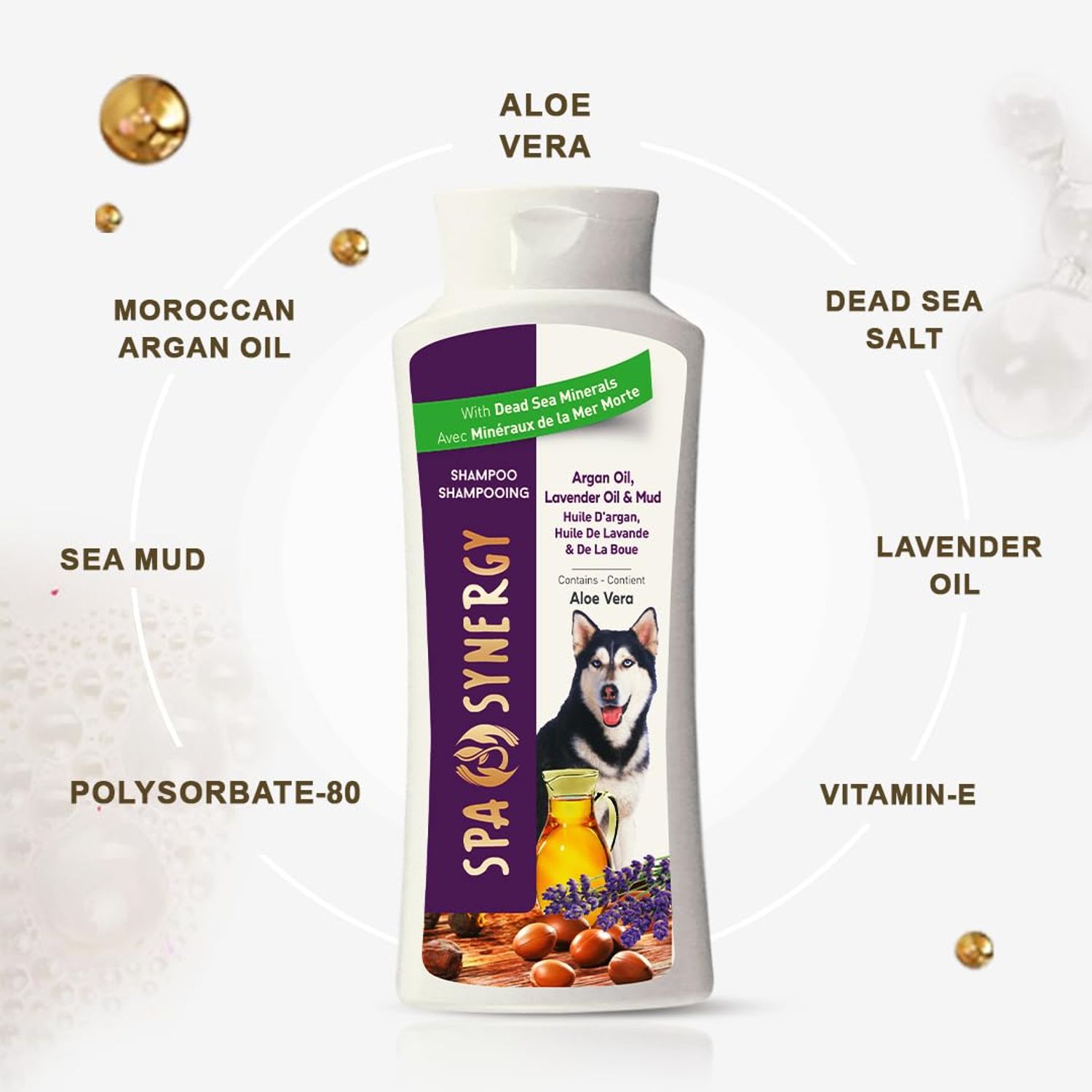 Spa Synergy Pet Dog Shampoo Mud and Natural Dead Sea Mineral Rich, Aloe Vera & Vitamin-E, Anti Dandruff, Relief Psoriasis & Eczema, Moisturizing - Argan Oil & Lavender Oil - (1) Bottle 16.5 FL OZ