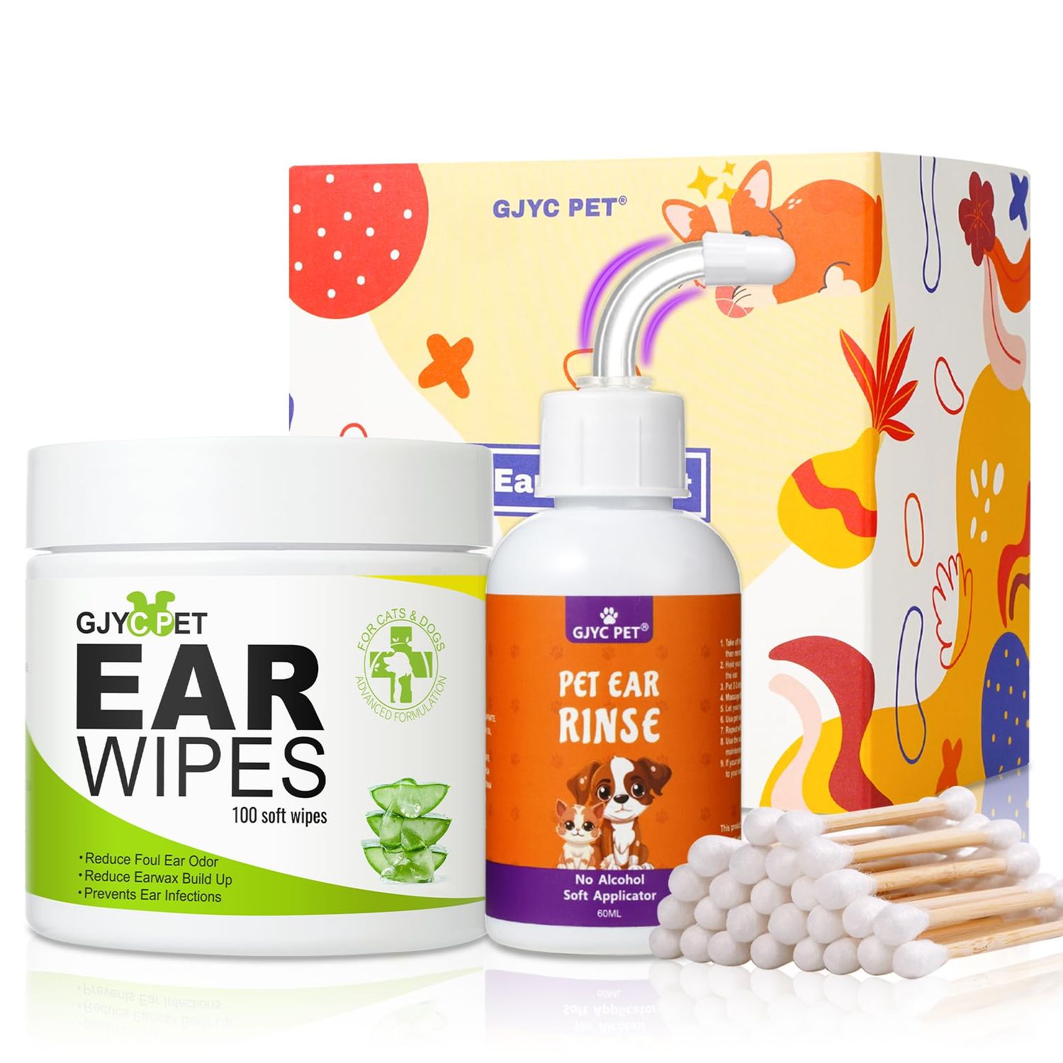 GJYC PET Dog Ear Cleaner-Ear Rinse & 100pcs Dog Ear Wipes & 30 Cotton Swabs Dog Ear Inflammation Therapy for Itch Relief, Soothe Ear Inflammation, Removes Wax, Odor