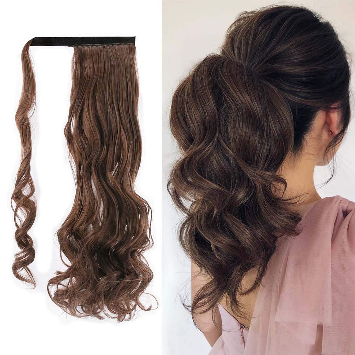 Gangel Ponytail Extension Curly Wavy Pony Tails Wrap Around Hairpiece Claw Synbthetic Clip in Hair Extensions Magic Paste Hair Wraps Hair Pony Tail for Women and girls(Pack of 1)Light Ash Brown(4-30)