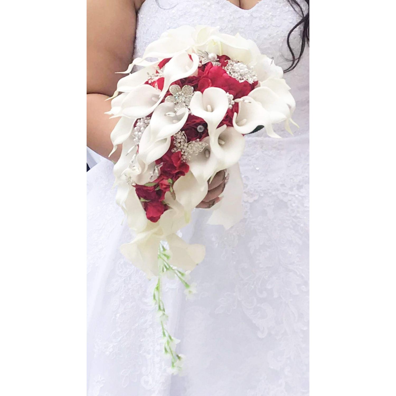 IFFO Bridal Bouquets for Wedding, Calla Lilies Simulation Rose Diamonds Pearl Bride Wedding Bouquet, Romantic Wedding Party Decoration Confession (red)