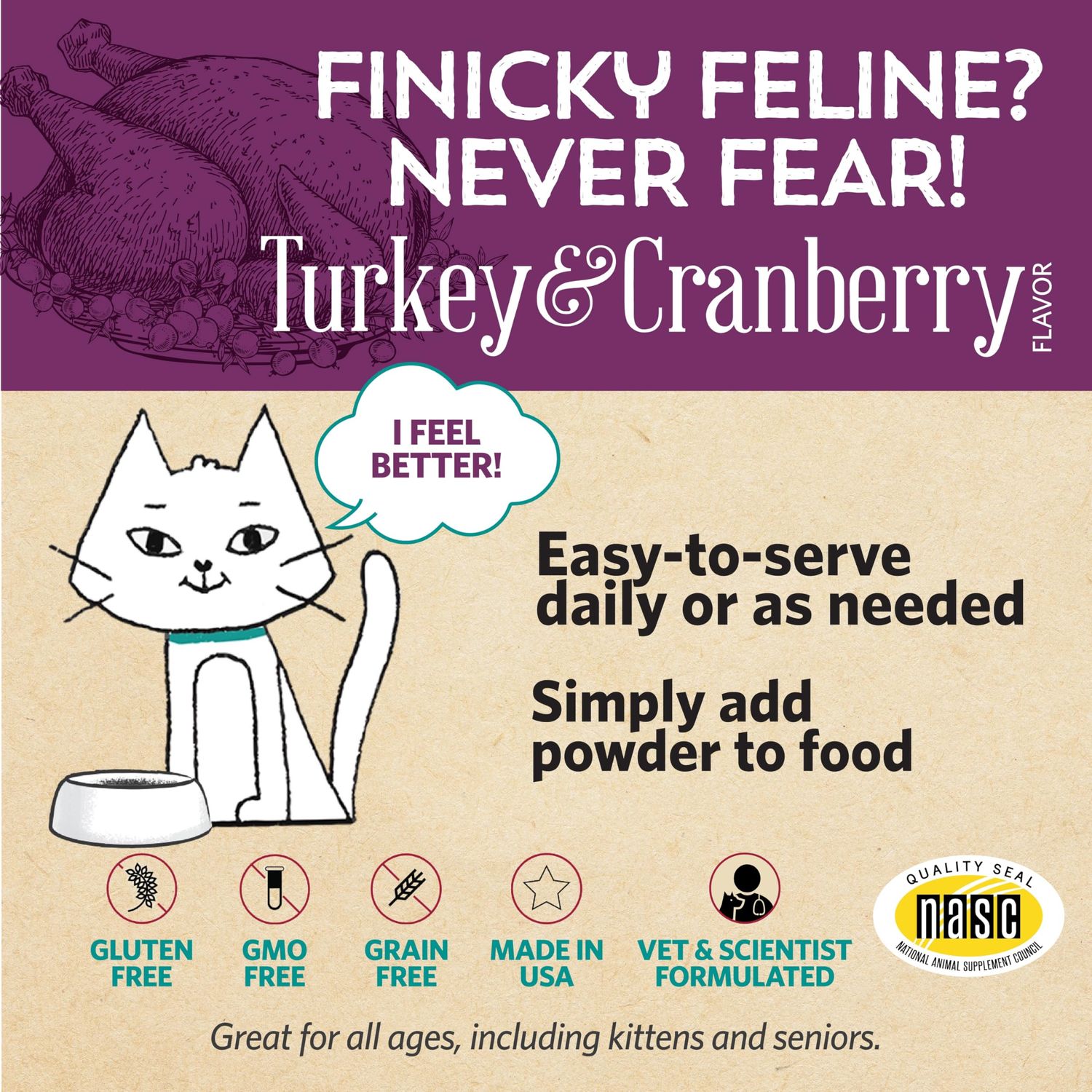 Meowbiotics Kitty P. Freely Cat Urinary Supplement, Cranberry for UTI & Kidney Support Powder Probiotics for Cats, Made in USA (30 Days)