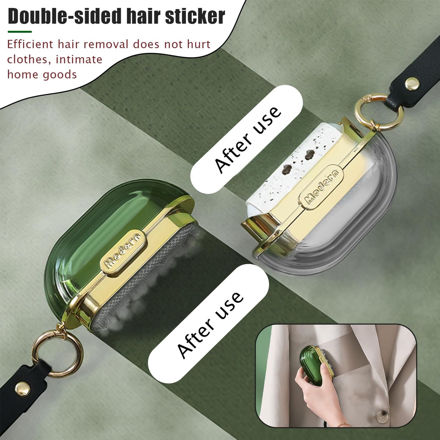 Portable Lint Rollers with 5 Extra Sticky Refills & Hand Strap, Travel Lint Roller Mini, Double-Sided Pet Dog Cat Hair Remover, Small Pocket Reusable Lint Brush Tool for Clothes Purse (Green)