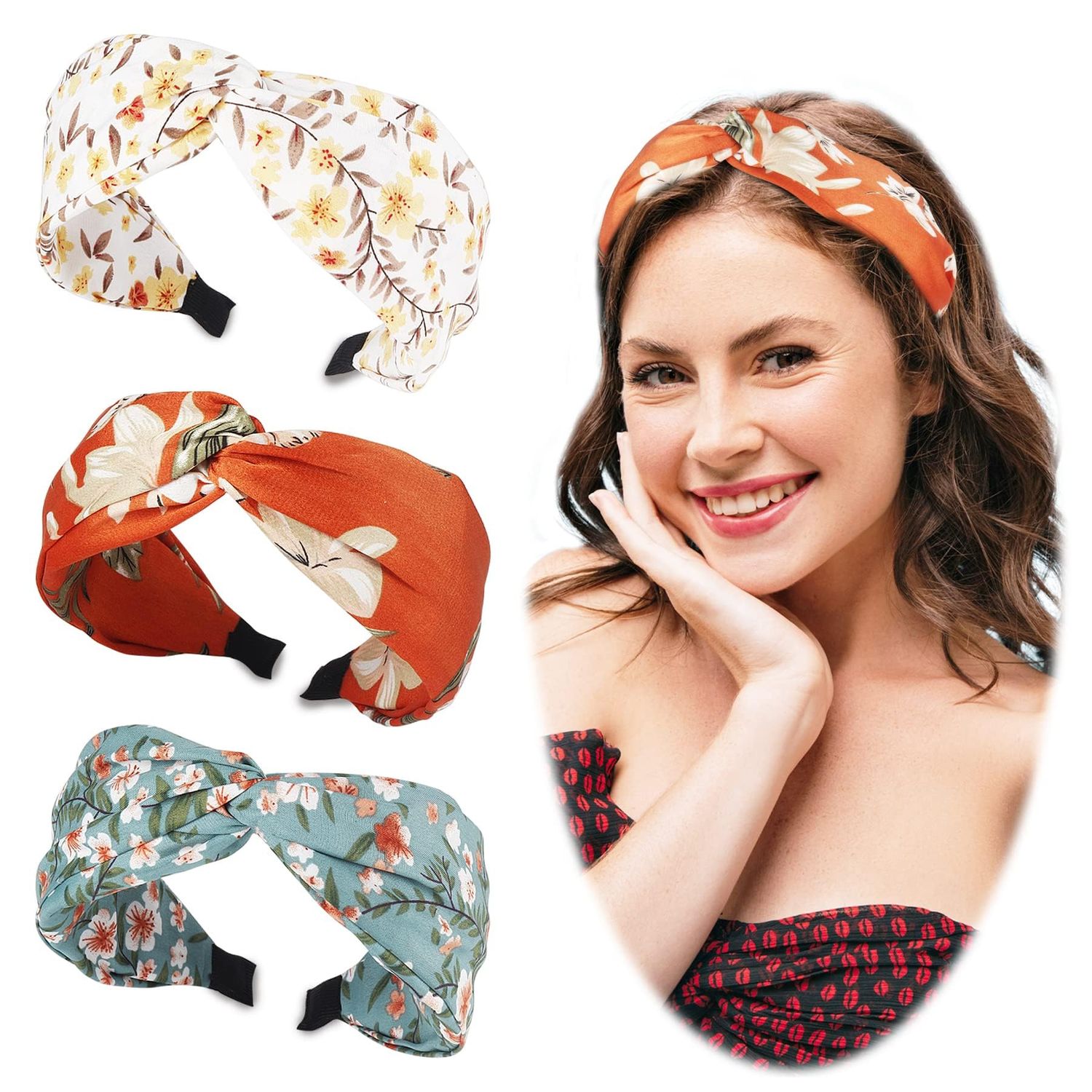 Beauty.H.C Headbands for Women, Wide Knotted Headbands, Fashion Flroal Pattern Headbands Chiffon Satin Boho Headbands, Hair Accessories for Women and Girls, Non Slip & One Size (3 PCS)