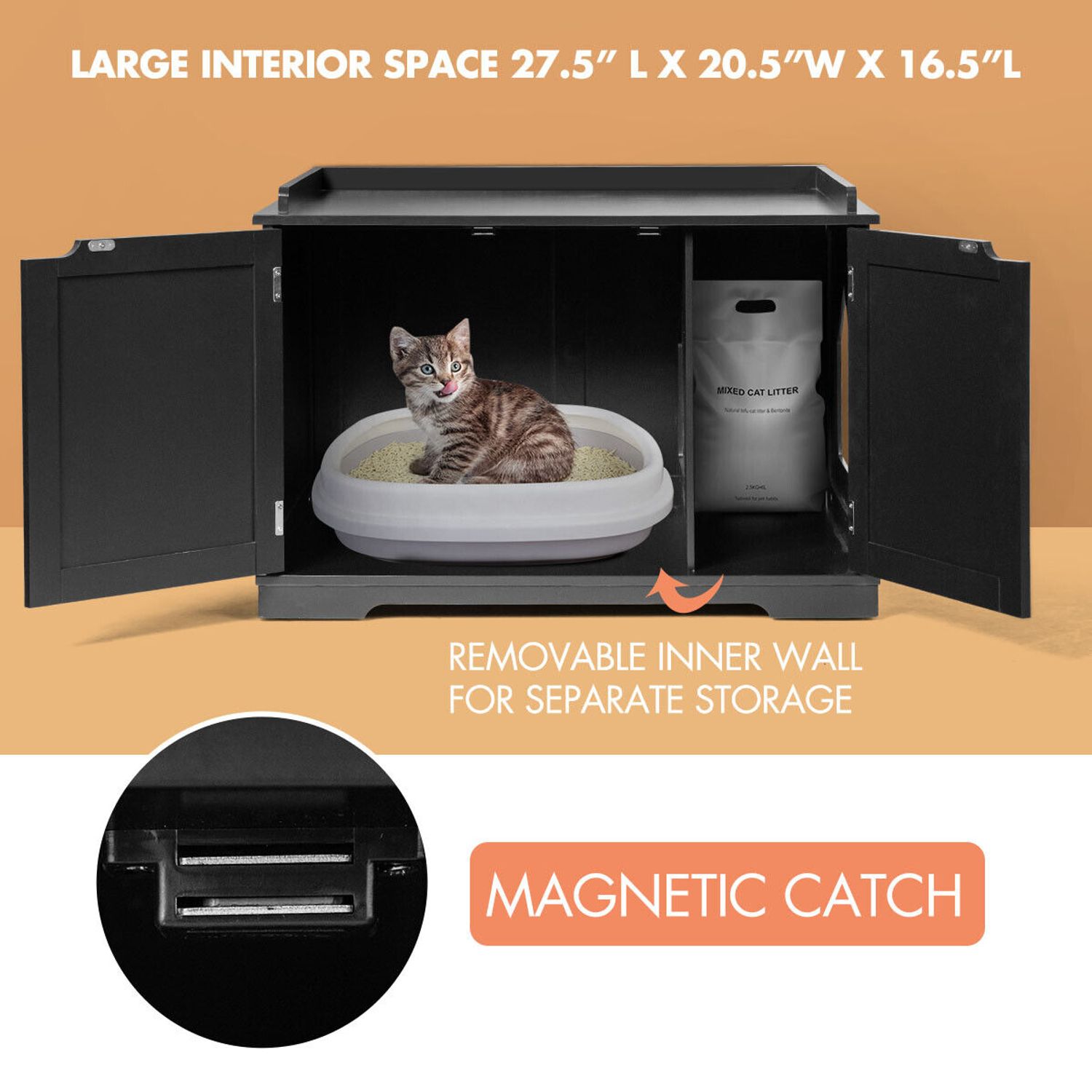 Costway Cat Litter Box Wooden Enclosure Pet House Washroom Storage Bench Black