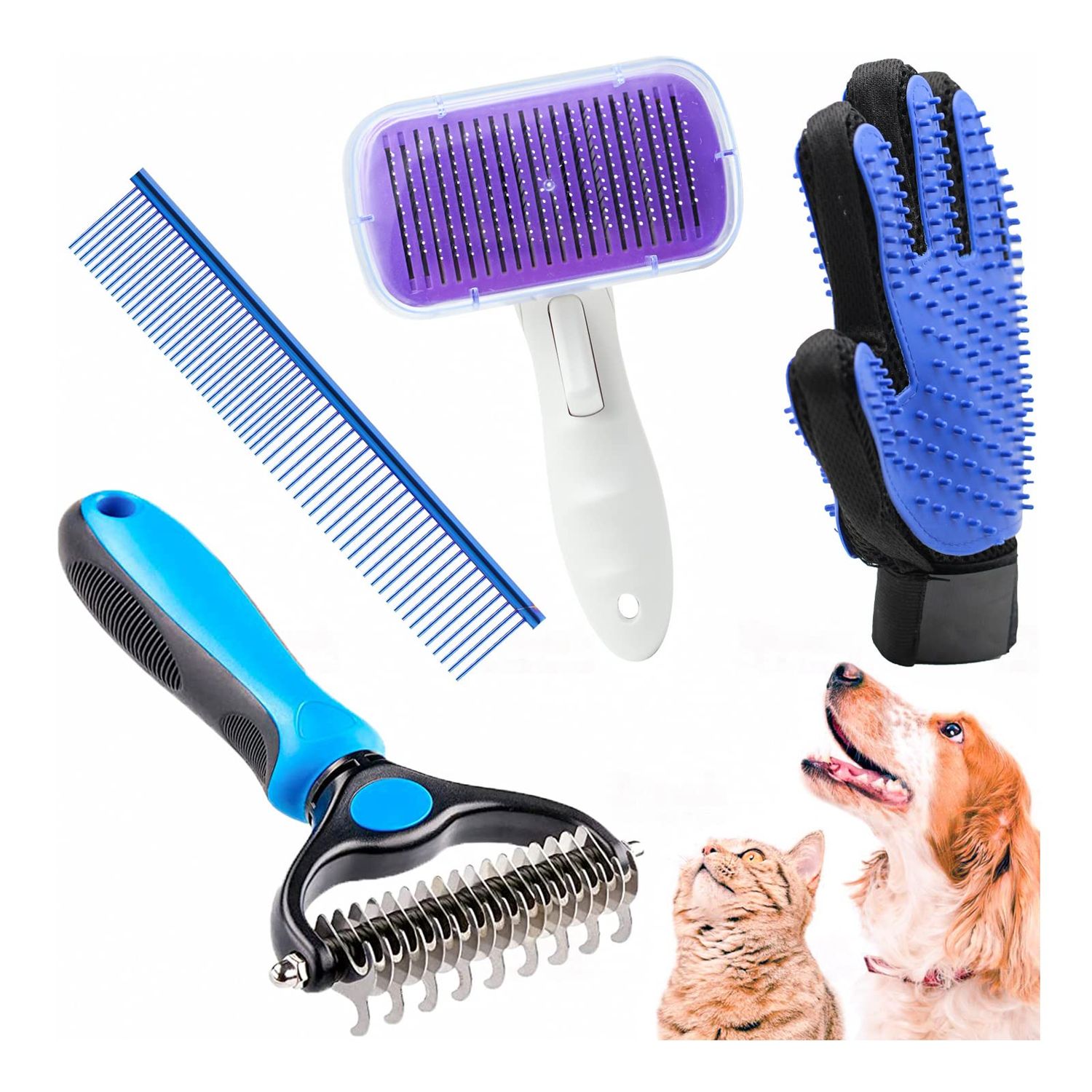 Crafterlife Dog Grooming Kit with Self Cleaning Slicker Brush, Pet Hair Remover Massage Gloves, Shedding Dematting Steel Comb for Long & Short Haired Cats Dogs, 4 Count