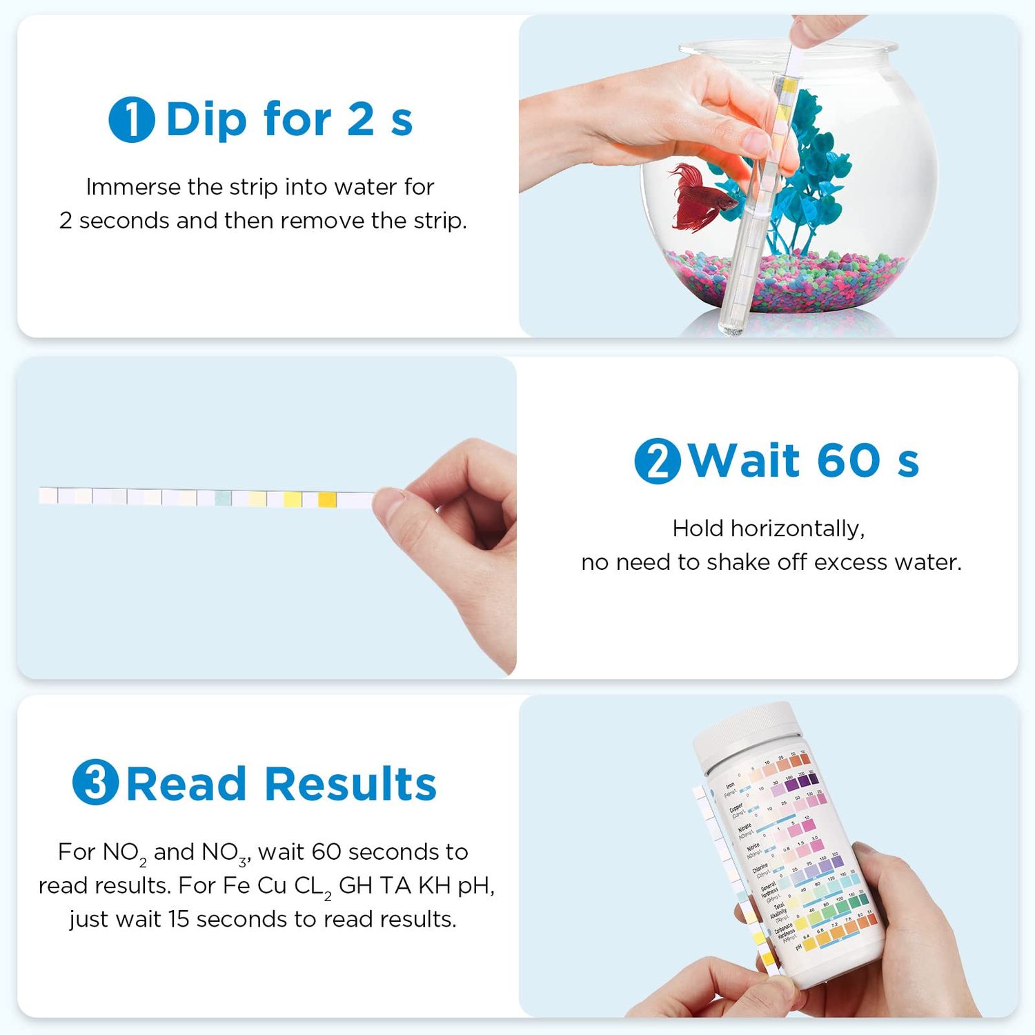 9 in 1 Aquarium Test Strips - 100 Strips Aquarium Water Test Kits for Freshwater Saltwater - Testing for Iron, Copper, Nitrite, Nitrate, pH, GH & KH, Chlorine, Total Alkalinity