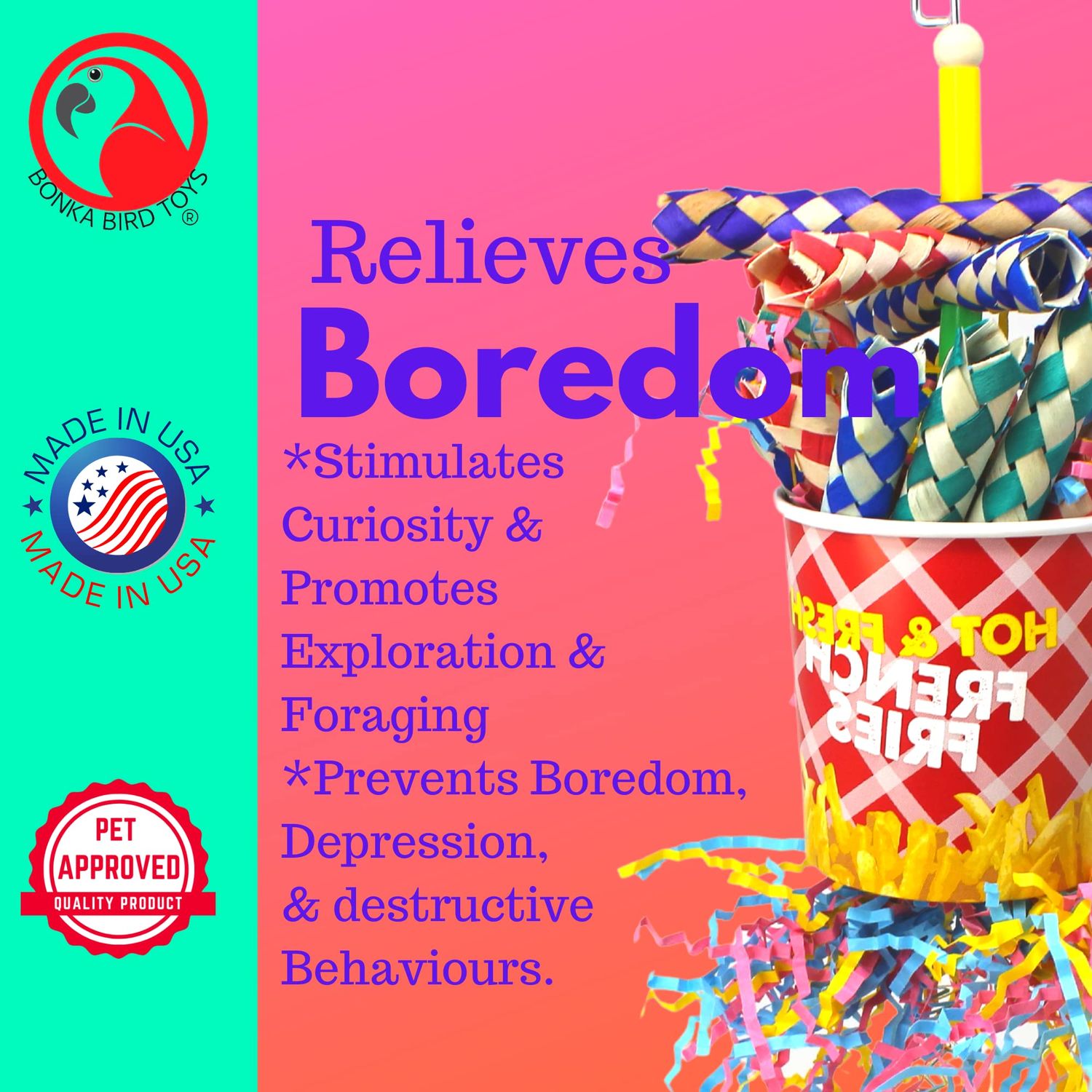 Bonka Bird Toys 2306 French Fries Small Medium Bird Toy Foraging Bamboo Trap Cup Paper Shred Cockatiels Parakeets Conures and Other Similar Sized Birds