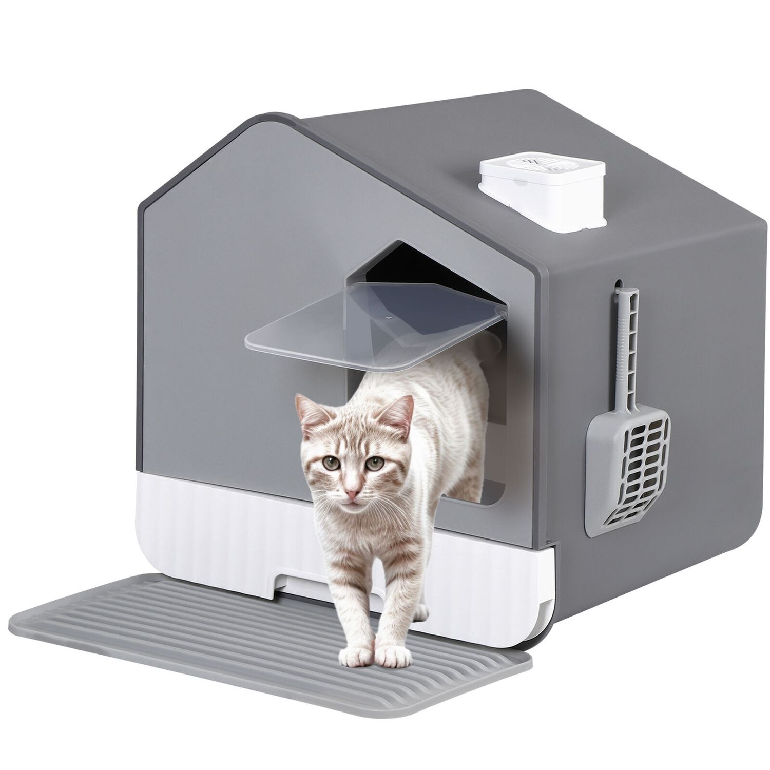 Extra Large Enclosed Cat Litter Box with Mat & Scoop Covered Hooded Cat Box Gray