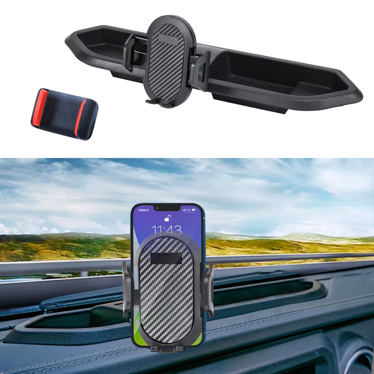 Neepiar Phone Mount Compatible with Jeep Wrangler 2018-2023 JL JLU 2020-2023 Gladiator JT Dash Tray Phone Holder Mount with Storage Box Don't Fit for The Oil-Electric Vehicle Version