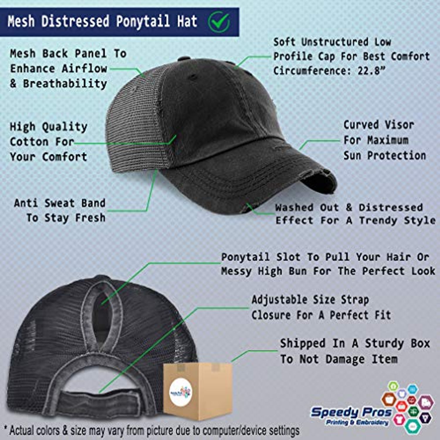 Speedy Pros Womens Ponytail Cap American Army Mom Embroidery Cotton Distressed Trucker Hats Strap Closure Black