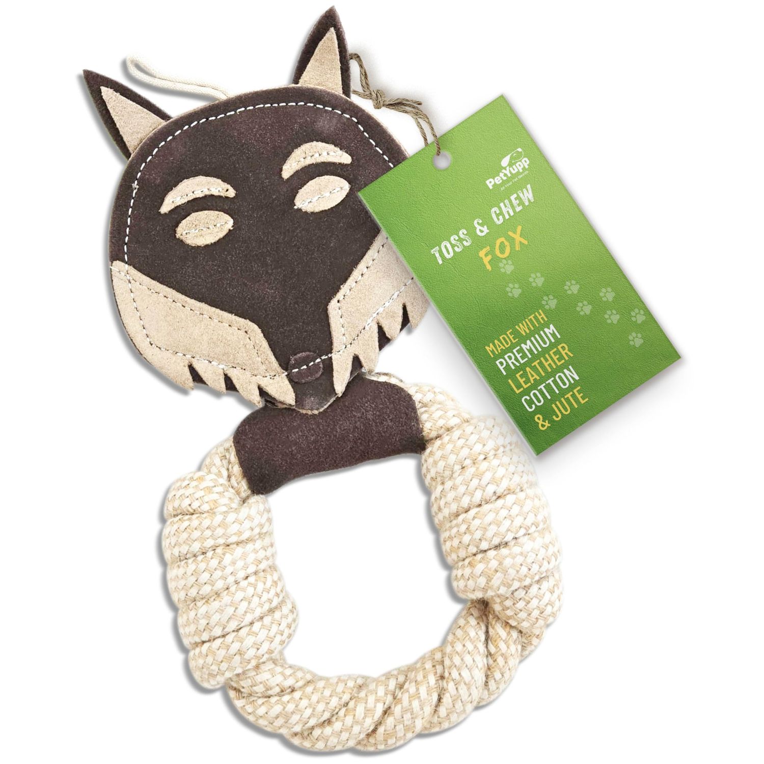 PetYupp Cotton & Jute Toss - Tug Dog Toy with Genuine Leather - for Teething Puppy, Dental Health, Aggressive Chewer, Tug-of-War Dog Toys and All Dog Sizes (Toss & Tug Dog Toy - Fox), Brown