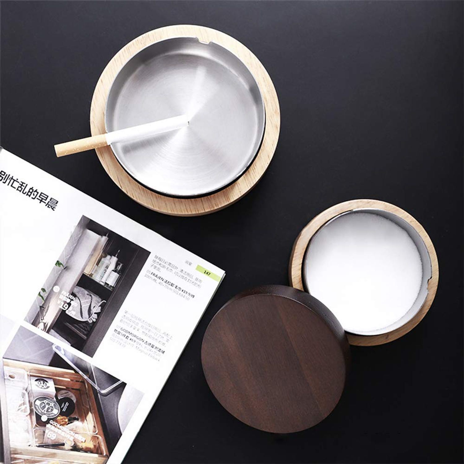 VViN Windproof Ash Tray for Weed with Lid - Large, Cigarette Ashtray Wood with Stainless Steel Liner for Outdoors and Indoors Use, Smoking Ashtray for Home Office