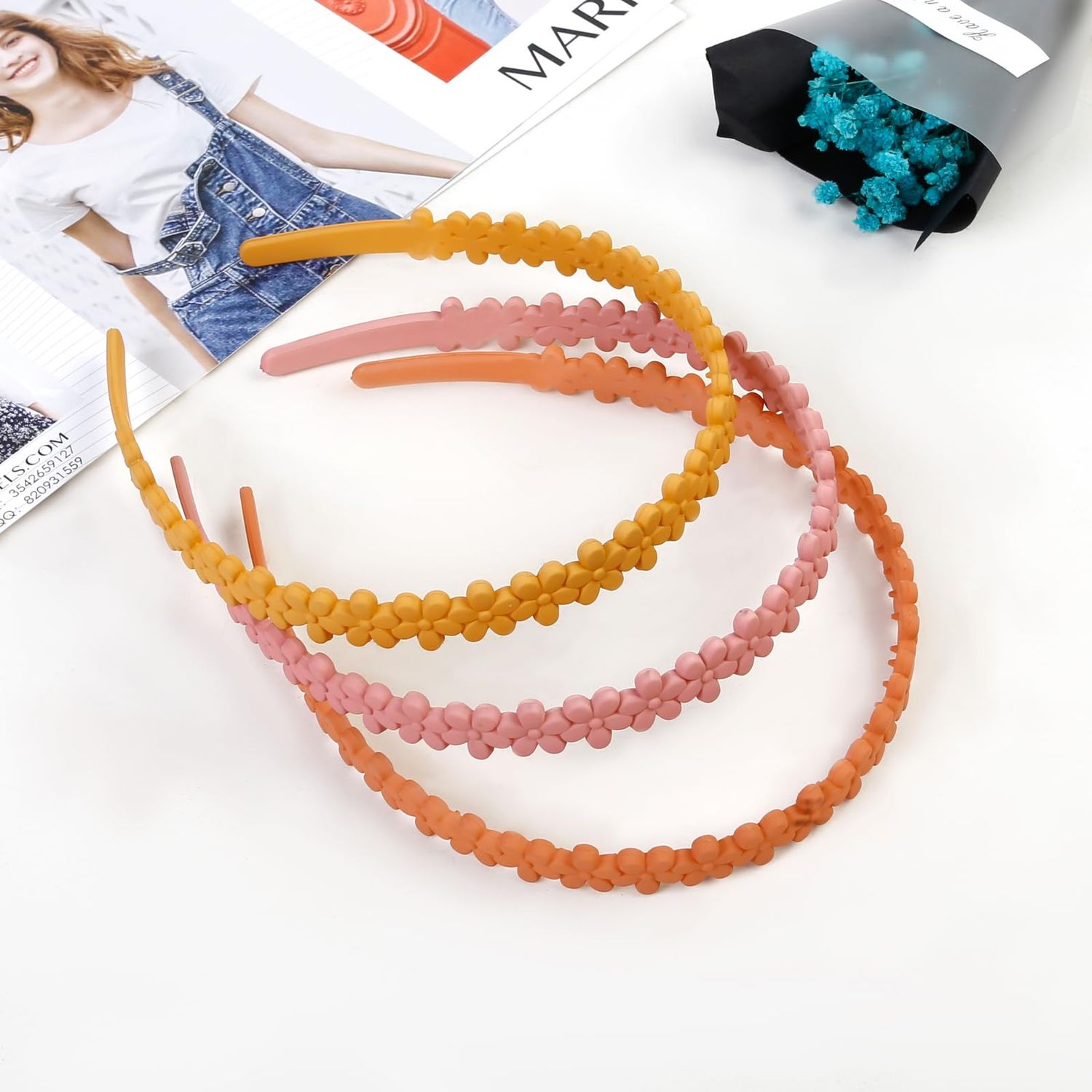 WOVOWOVO Plastic Flowers Headbands for Women and Girls, 10 Pcs Floral Headband with Teeth Thin Head Bands Combing Hairbands Hair Accessories for Teens Toddlers
