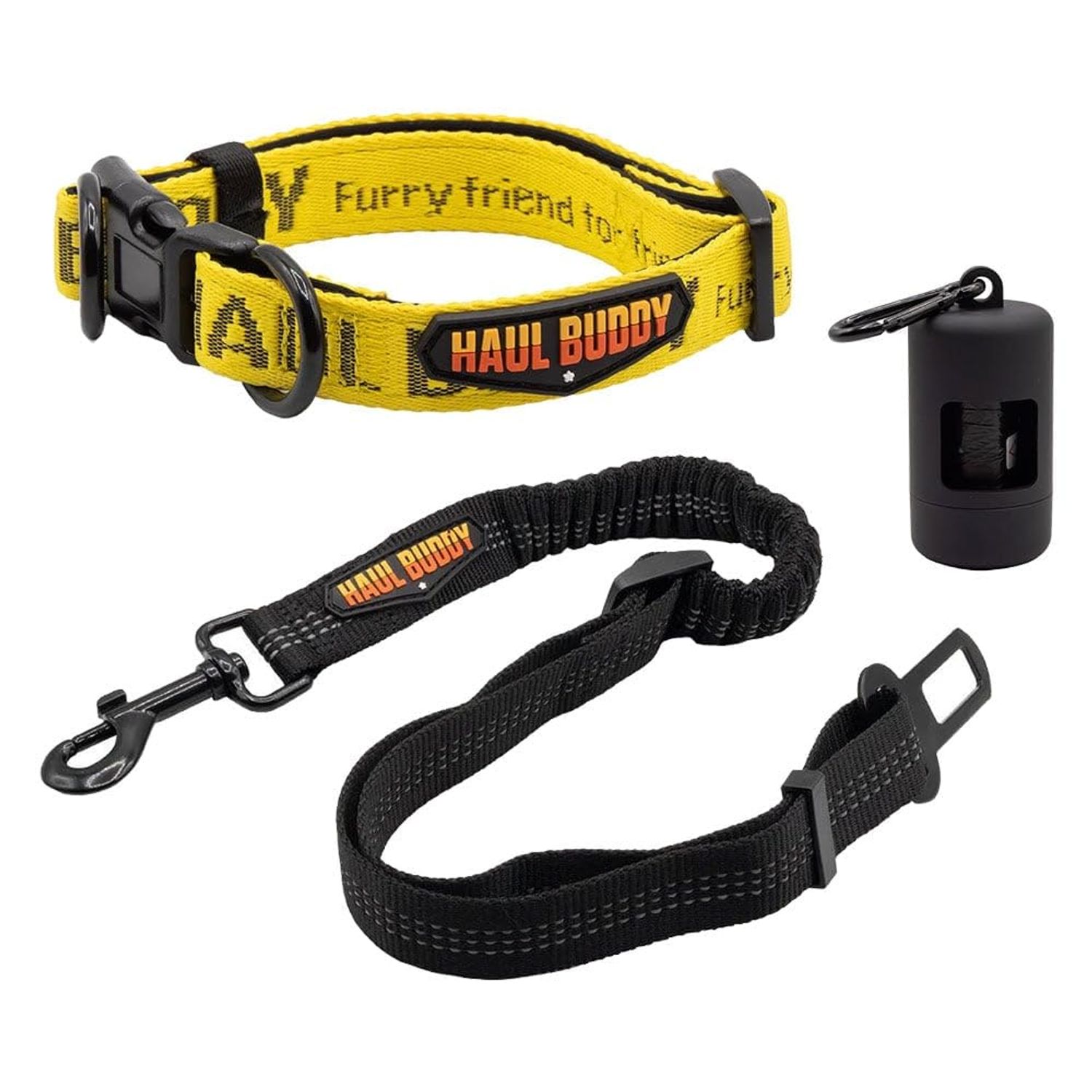 Mytee Products Small Breed Adjustable Dog Collar, Nylon Car Seat Belt Harness, and Poop Bag Holder Set for Male Female Dogs - Neoprene Padded Collar, Leak-Proof Waste Bag Dispenser