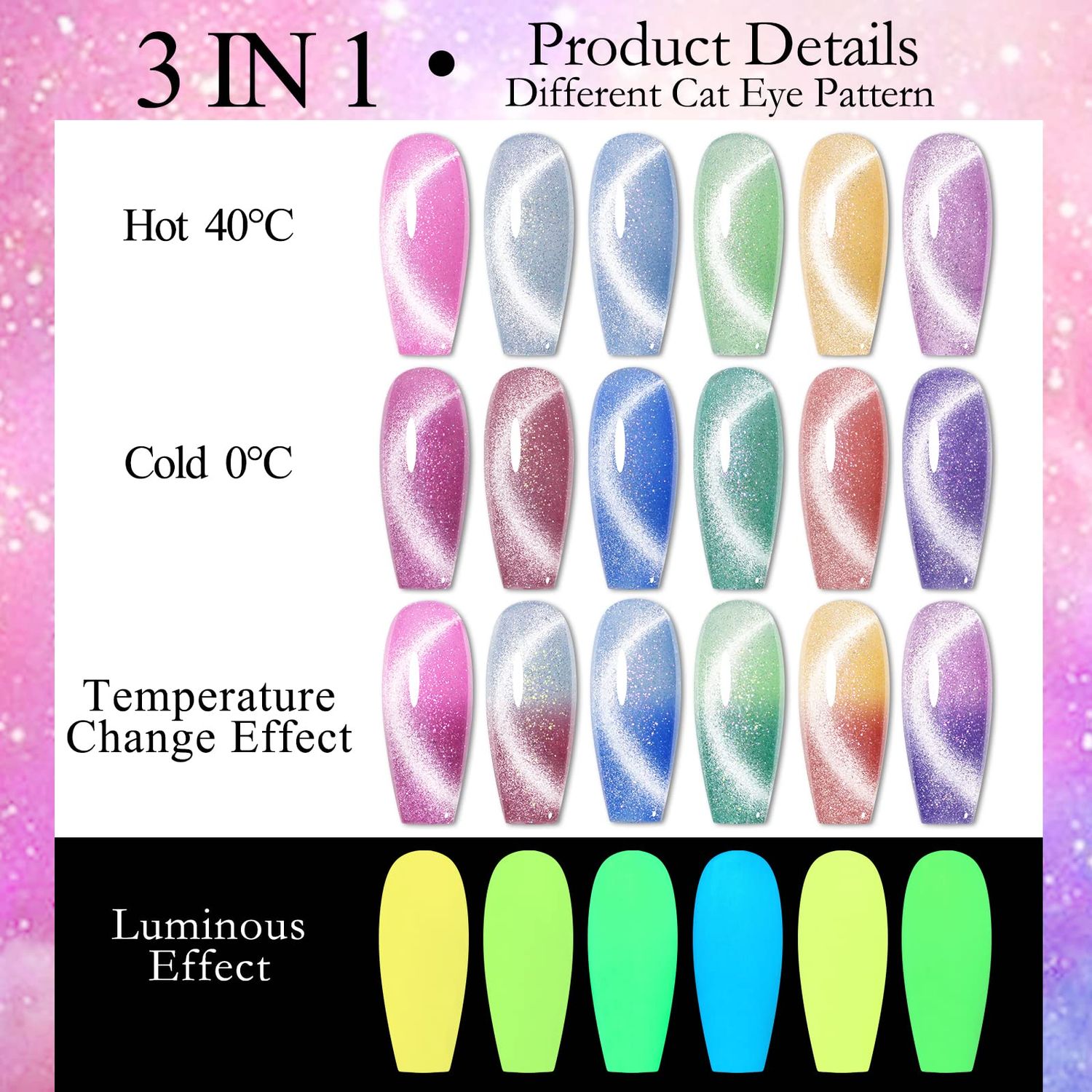 MSRUIOO Glow in the Dark Gel Nail Polish Set, Color Changing Gel Nail Polish, Mood Temperature Color Change Glitter Gel Polish, Luminous Cat Eye Gel Nail Polish for Nail Art Manicure DIY at Home