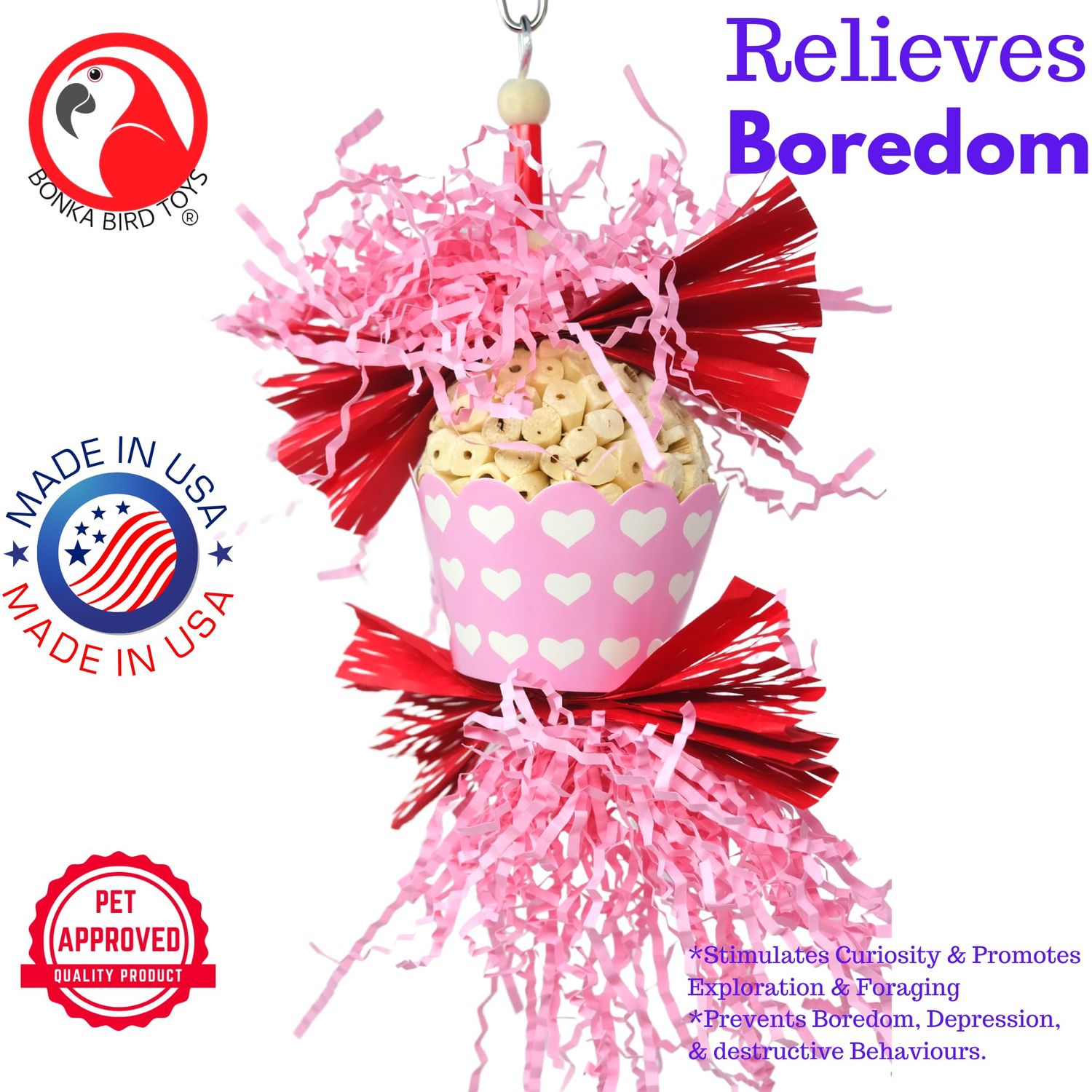 Bonka Bird Toys 1000 Sola Love - 7" H x 4" W, Natural Sola Ball with Vibrant Paper Decorations, Cockatiels, Parakeets, Conures, and Similar Sized Breeds.