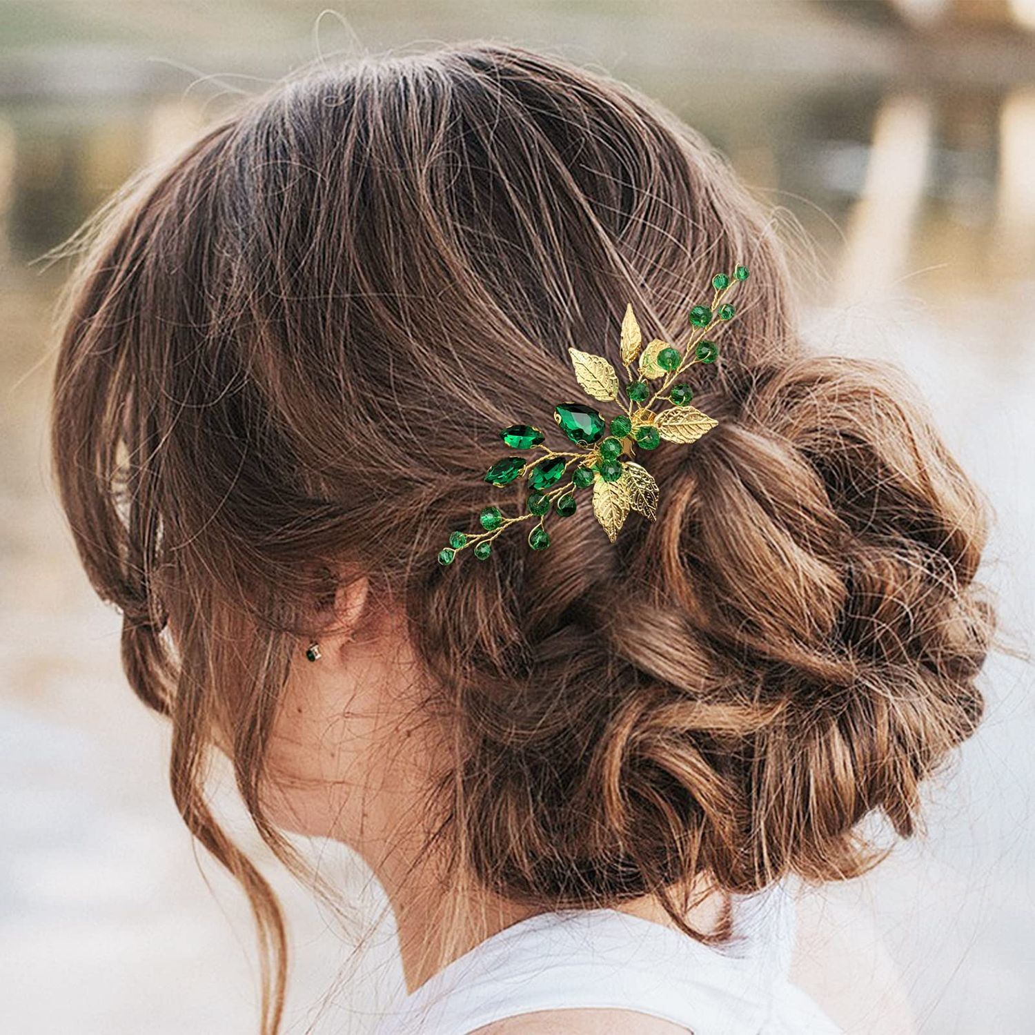 BETITETO Bridal Hair Comb Emerald Green Crystal Gold Leaf Vine Hair Piece Accessories for Wedding Bride Women Party (Emerald Green)