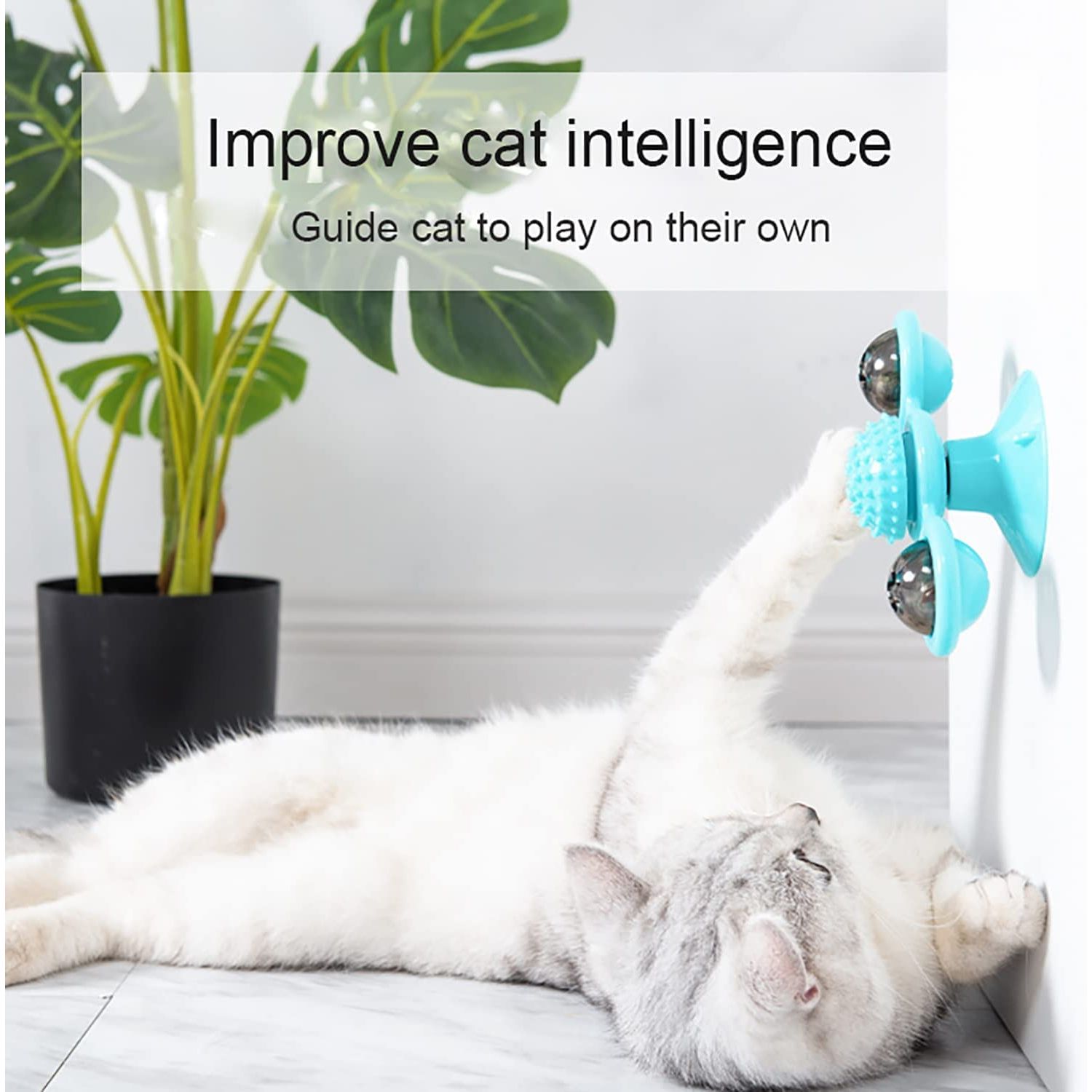 ULVEOL Windmill Cat Toy Turntable Interactive Cat String Toys with Suction Cup - Wall Mount Funny Cats Spinner with Rotatory Toy Ball - Spinning Cat Toy for Indoor - Catnip and Fidget Toys