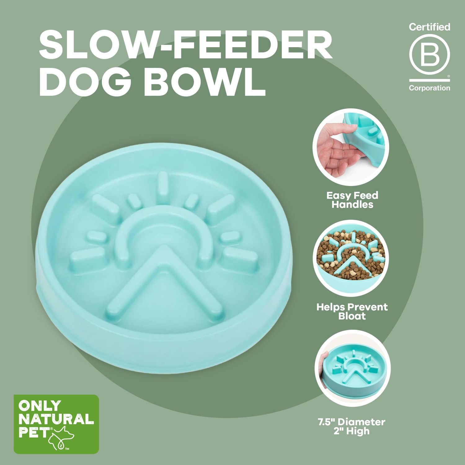 Only Natural Pet Sunup Slow-Feeder Dog Bowl - 50% Plant-Based, Eco-Friendly, BPA & Phthalate-Free, No-Slip Bottom & Handle Indentations, Dishwasher Safe, Small to Medium Dogs - Teal, Small 7.5" x 2"