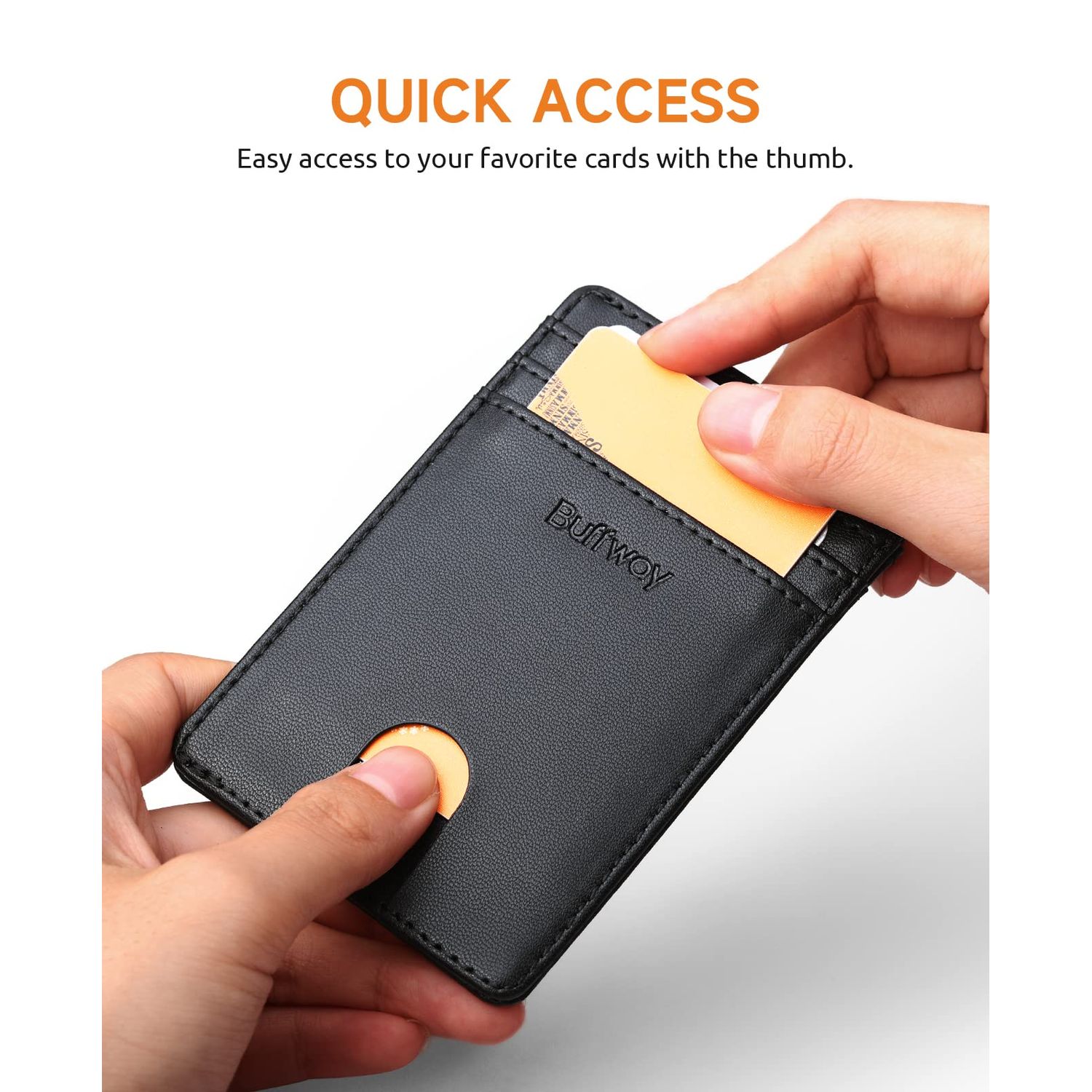 Buffway Mens Slim Wallet, Minimalist Thin Front Pocket Leather Credit Card Holder with RFID Blocking for Work Travel - Boston Black