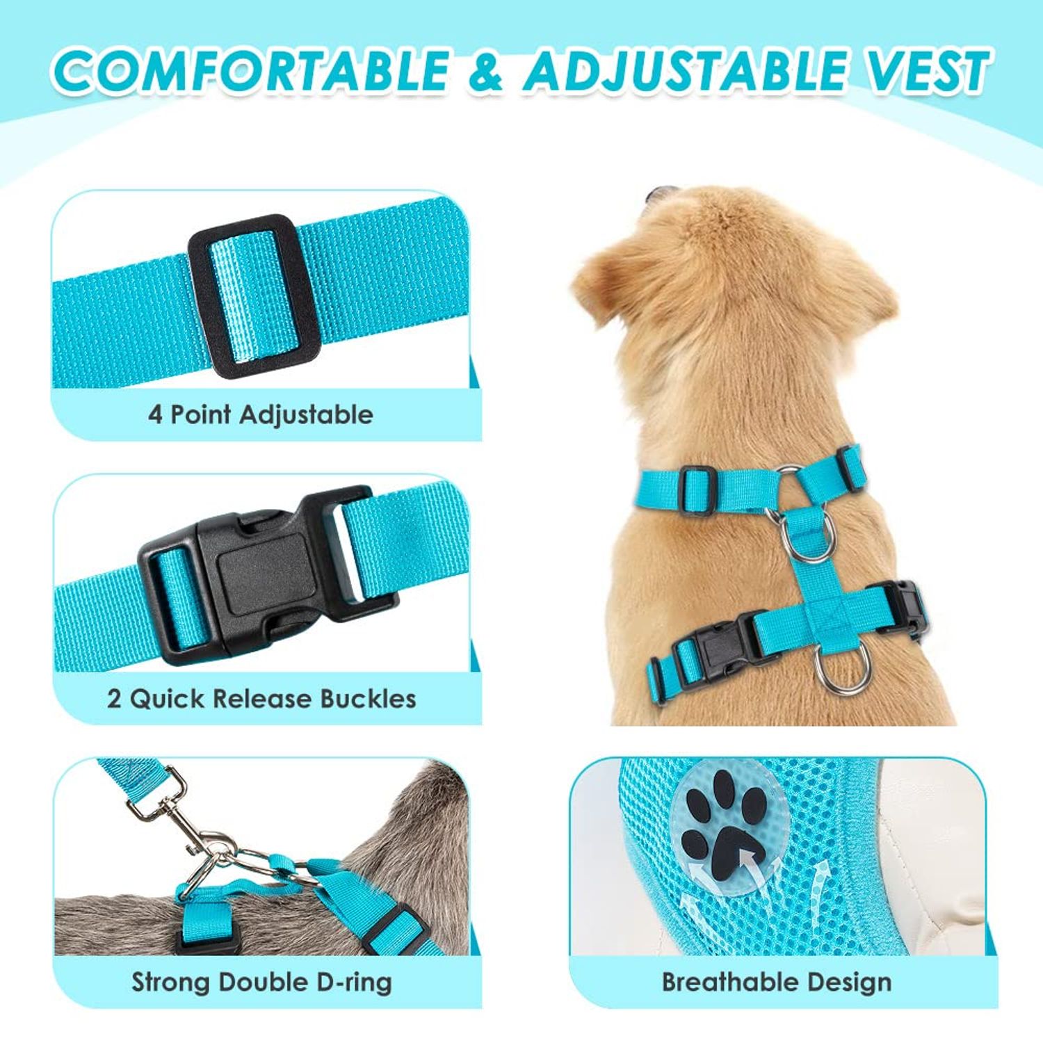 SlowTon Dog Car Harness Seat Belt Set, Dog Vest Harness Adjustable Mesh Breathable & Vehicle Safety Seatbelt Tether with Elastic Bungee for Small Medium Large Pets (Light Blue, M)