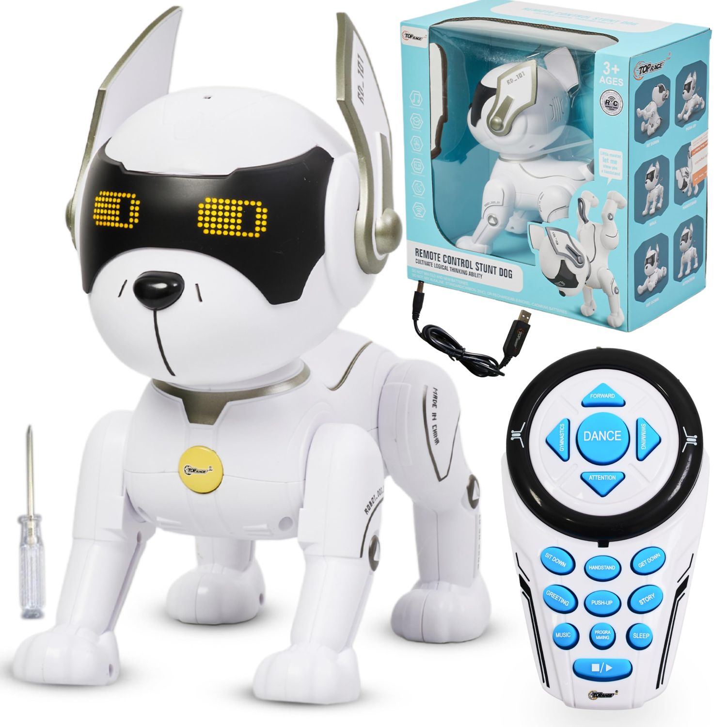 Top Race Robot Dog - Remote Controlled Interactive Robot Dog Toy - RC Dog Toy with Gesture Mode and Adventure Mode, Programming Treats, Rechargeable - Robot Pet Dog for Kids - White