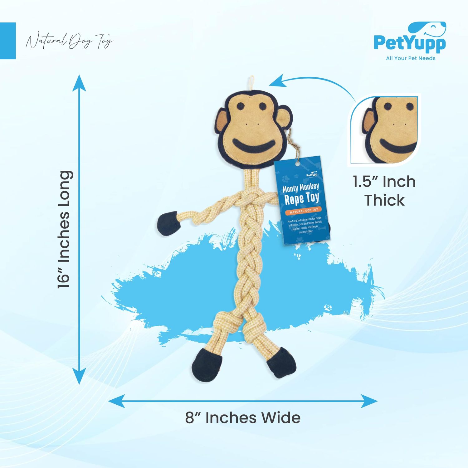 PetYupp Natural Cotton & Jute with Genuine Leather Rope Dog Chew Toy - 16" Long - Interactive Dog Toy for Teething Puppies, Small, & Medium Size Dogs, Promote Dental Health (Monty Monkey)
